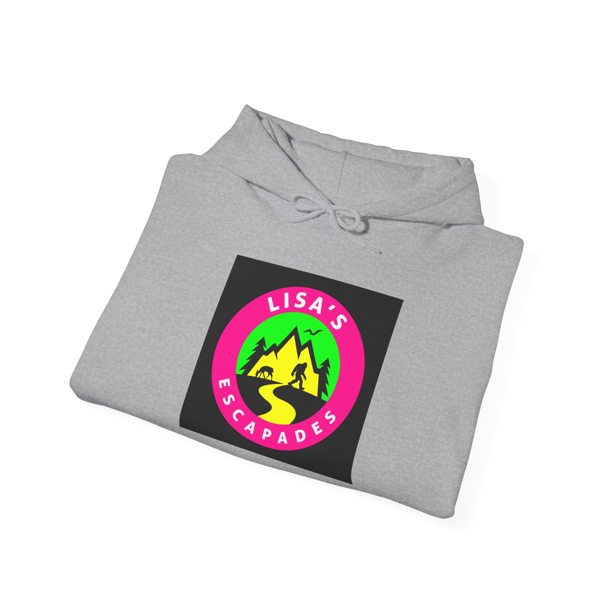 Lisa's Escapade Hoodie — Retro Neon Mountain Adventure Pullover