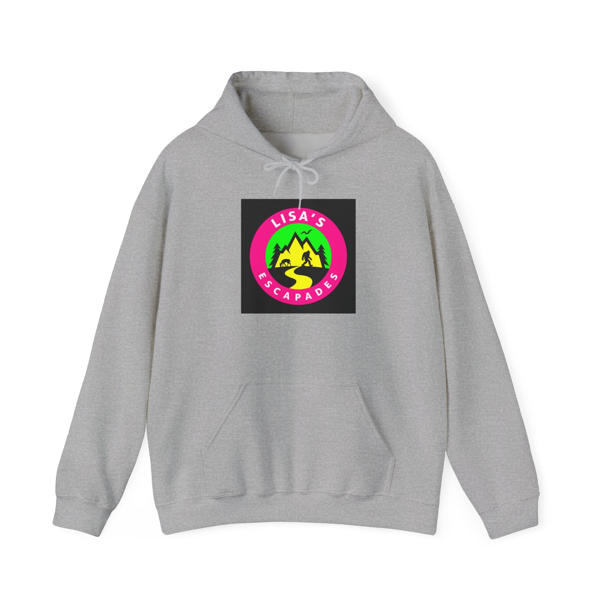 Lisa's Escapade Hoodie — Retro Neon Mountain Adventure Pullover