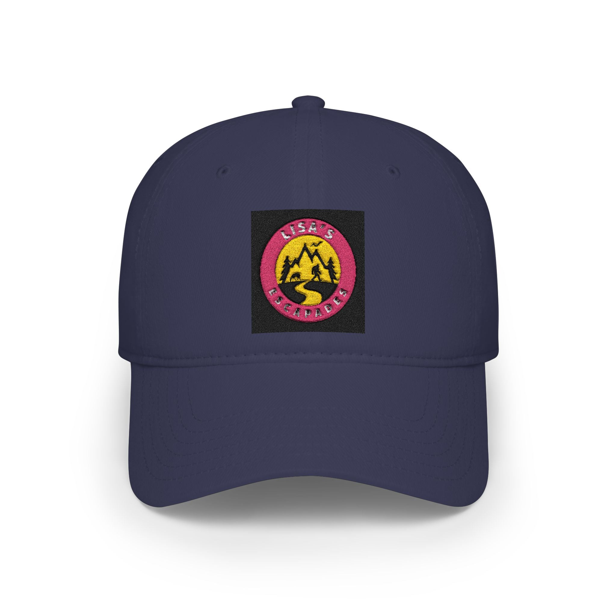 Red Low-Profile Baseball Cap with Pink Circle Mountain Patch