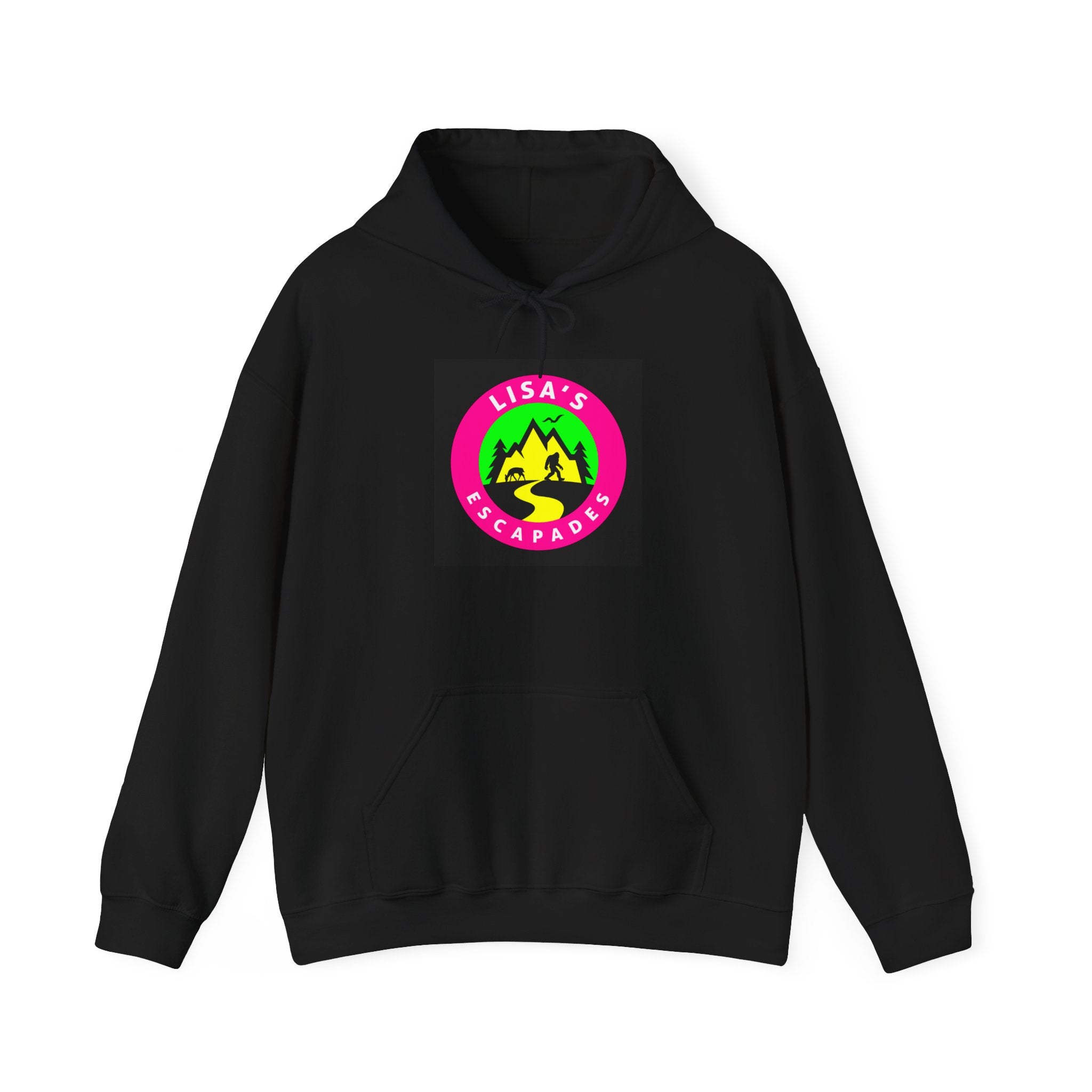 Lisa's Escapade Hoodie — Retro Neon Mountain Adventure Pullover