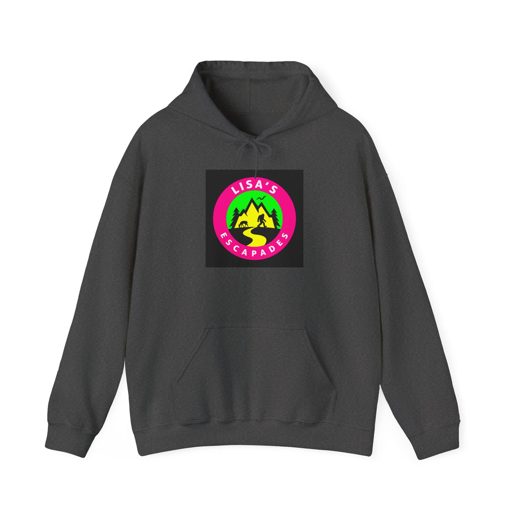 Lisa's Escapade Hoodie — Retro Neon Mountain Adventure Pullover