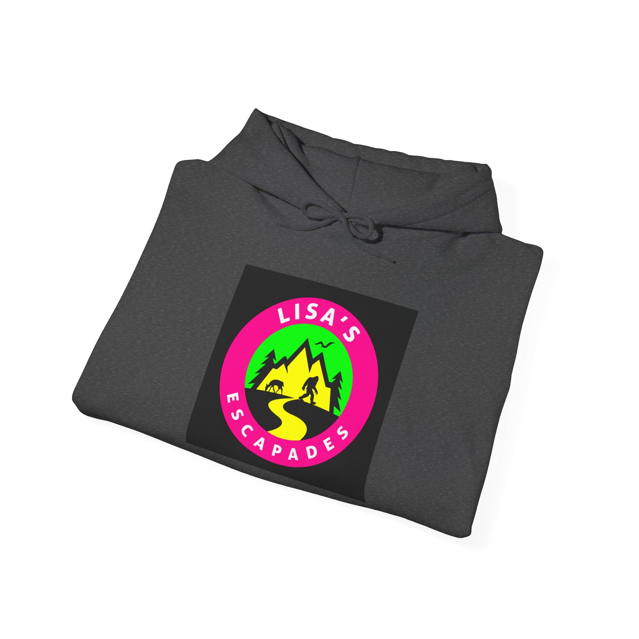Lisa's Escapade Hoodie — Retro Neon Mountain Adventure Pullover