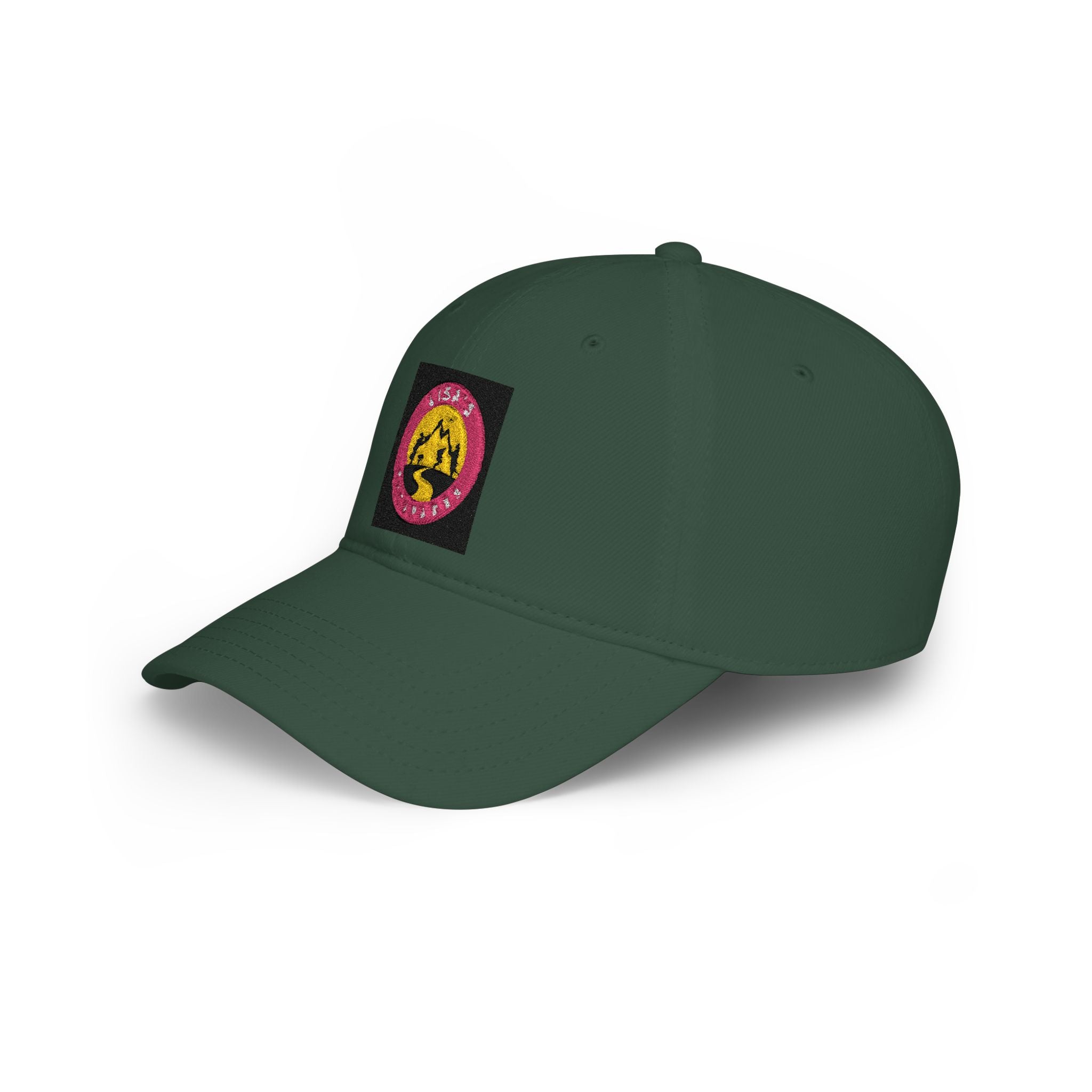 Red Low-Profile Baseball Cap with Pink Circle Mountain Patch