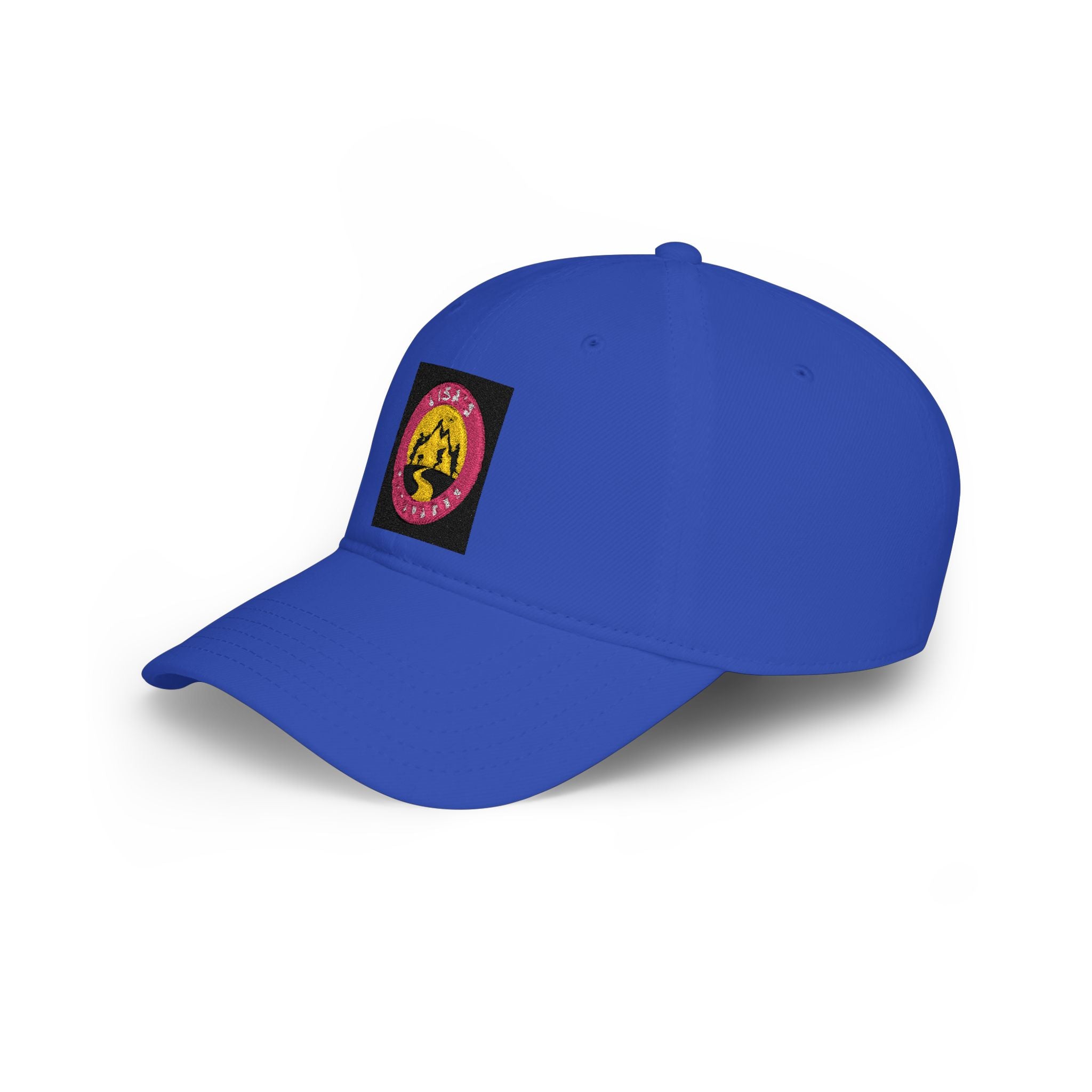 Red Low-Profile Baseball Cap with Pink Circle Mountain Patch