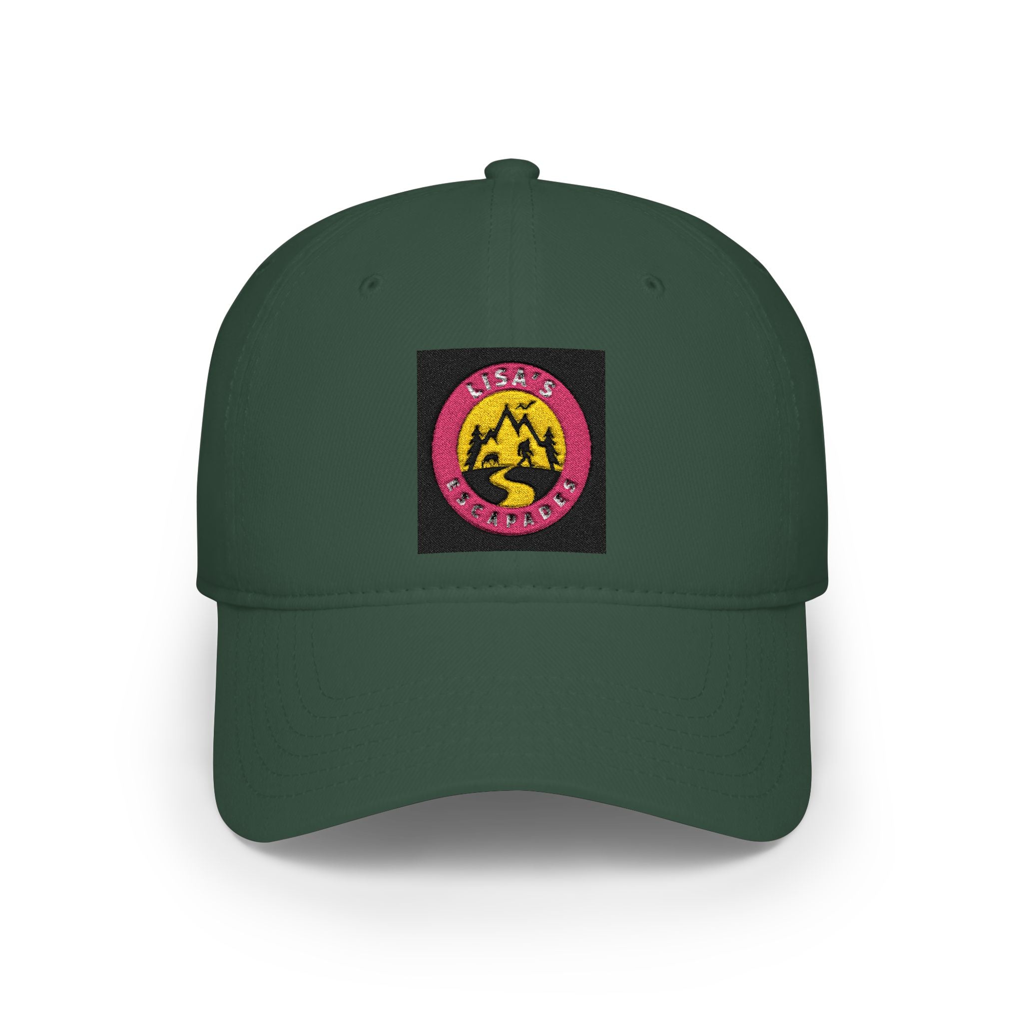Red Low-Profile Baseball Cap with Pink Circle Mountain Patch