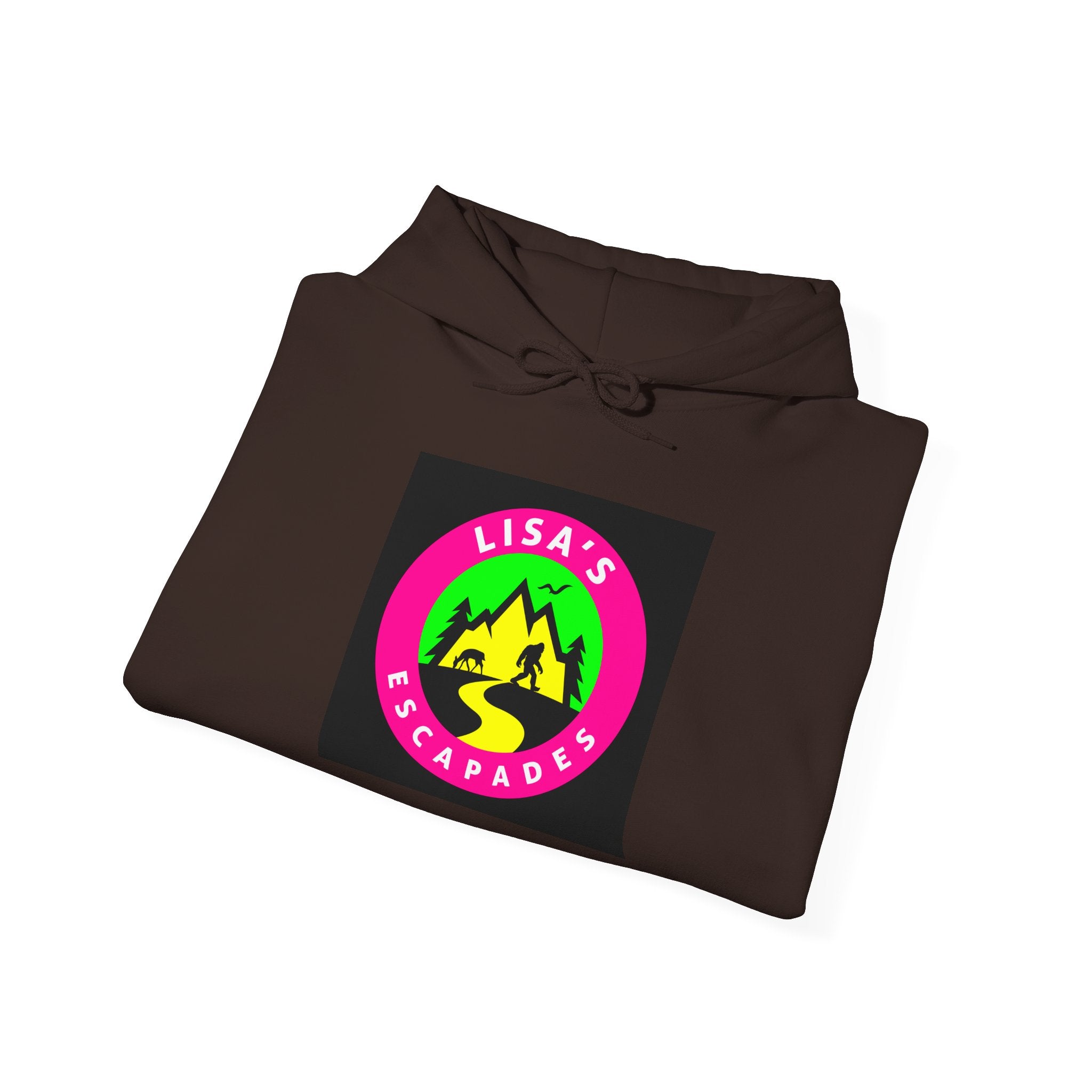 Lisa's Escapade Hoodie — Retro Neon Mountain Adventure Pullover