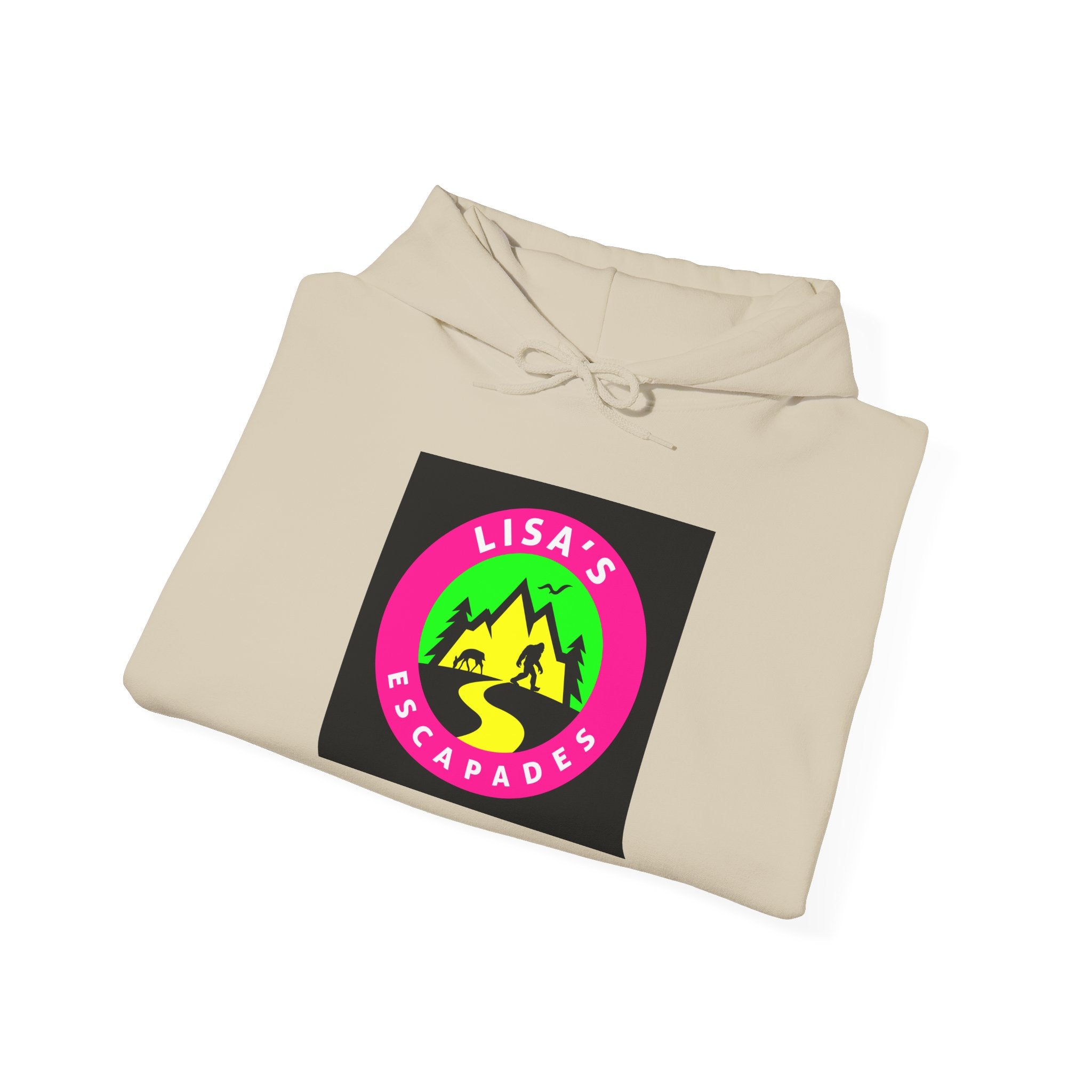 Lisa's Escapade Hoodie — Retro Neon Mountain Adventure Pullover