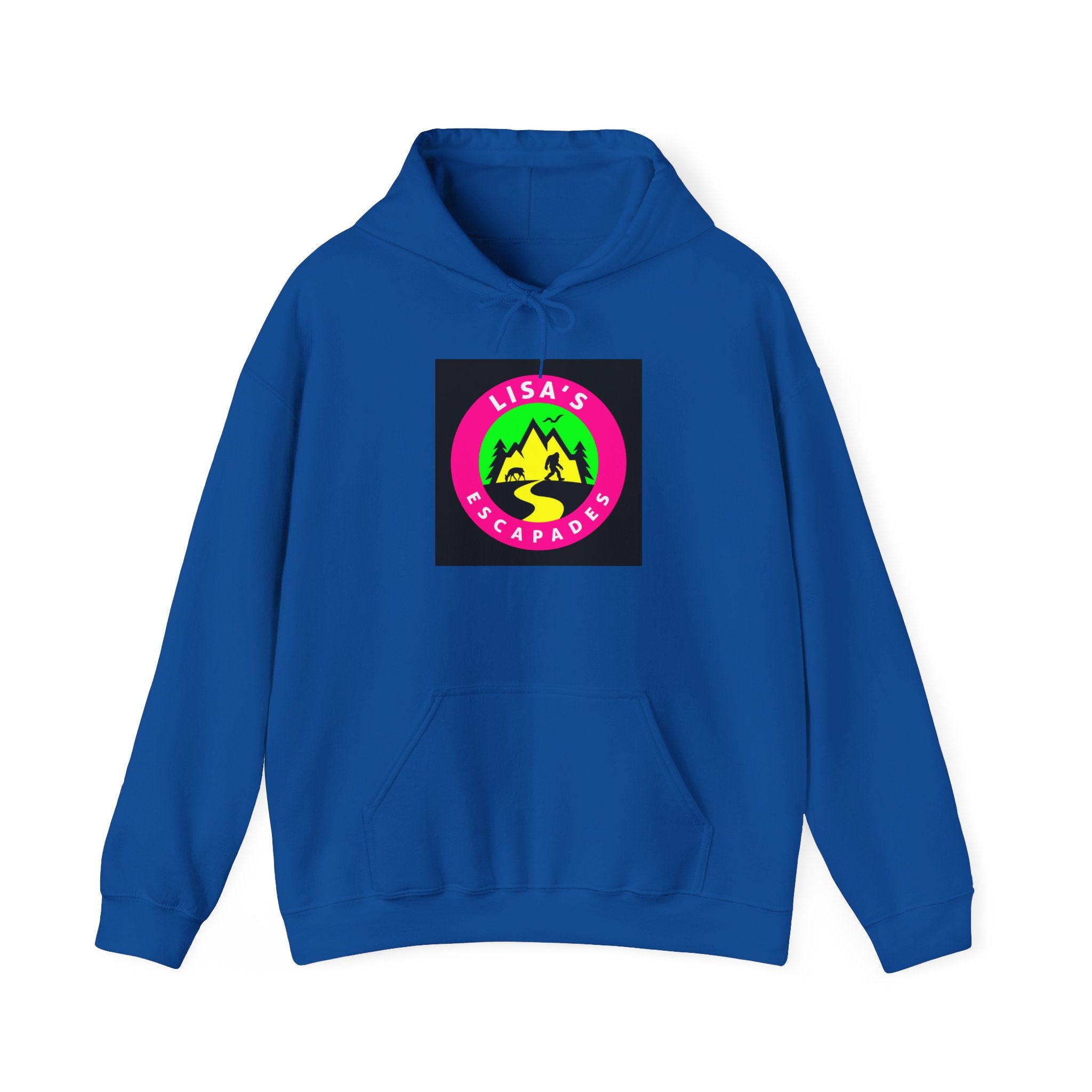 Lisa's Escapade Hoodie — Retro Neon Mountain Adventure Pullover