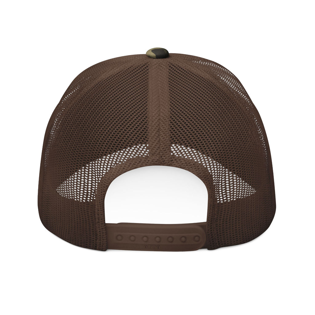 Embroidered Camo Trucker Hat — Tactical Mesh Cap with Floral Logo