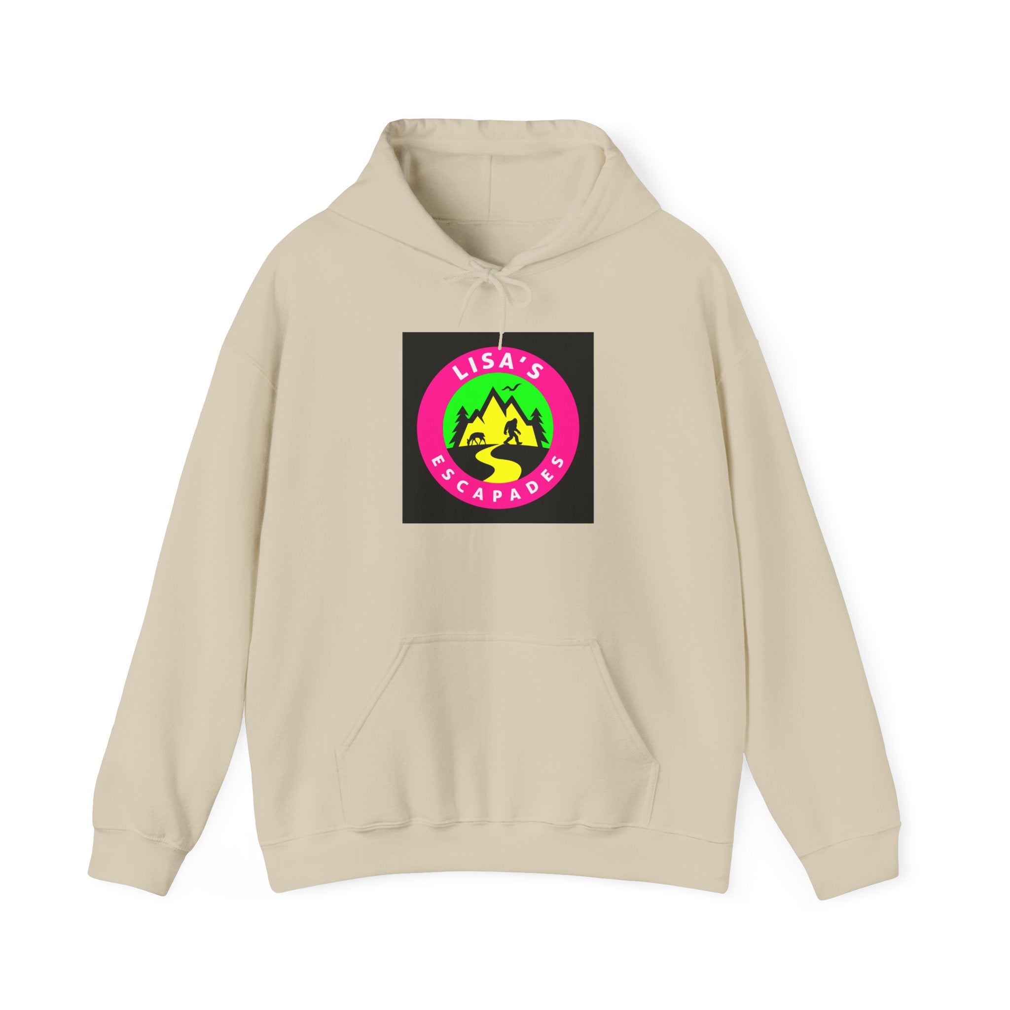 Lisa's Escapade Hoodie — Retro Neon Mountain Adventure Pullover