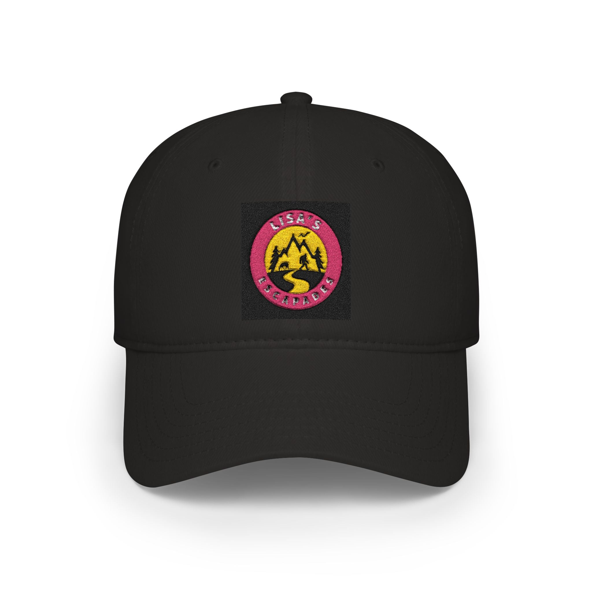 Red Low-Profile Baseball Cap with Pink Circle Mountain Patch