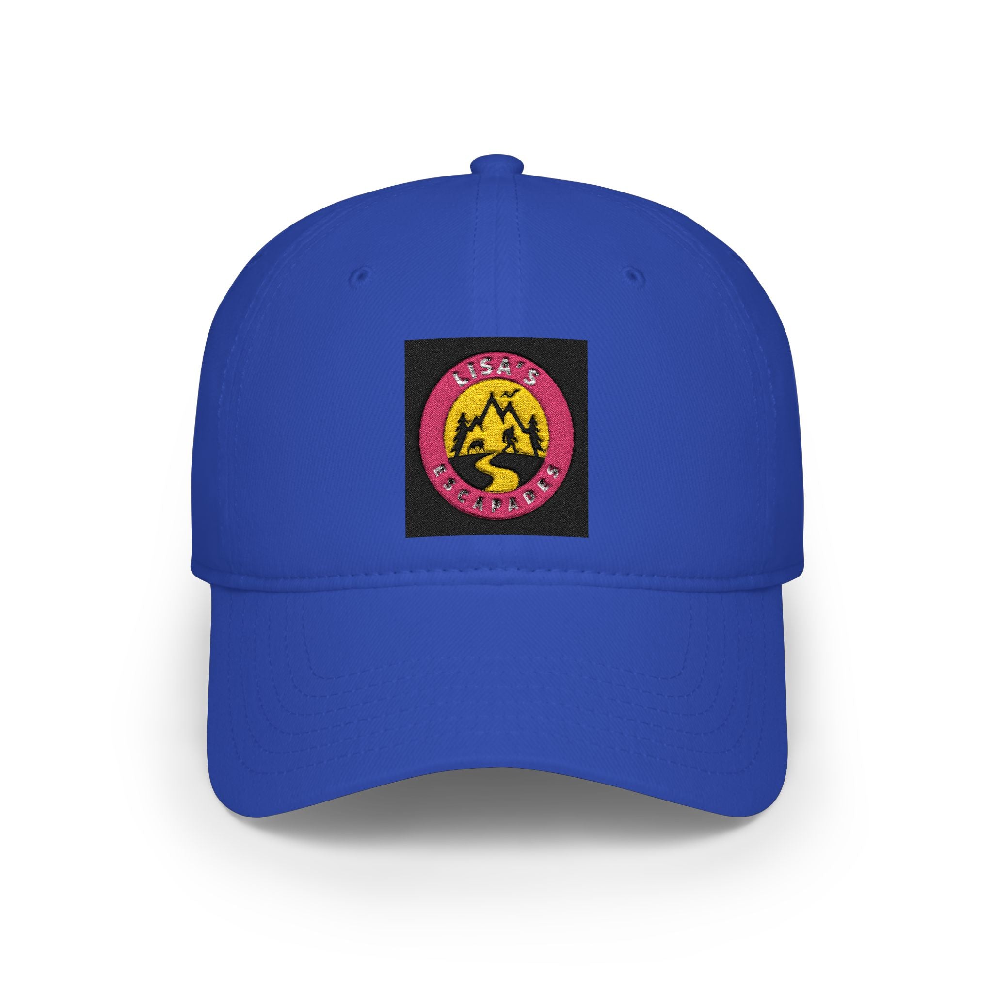 Red Low-Profile Baseball Cap with Pink Circle Mountain Patch
