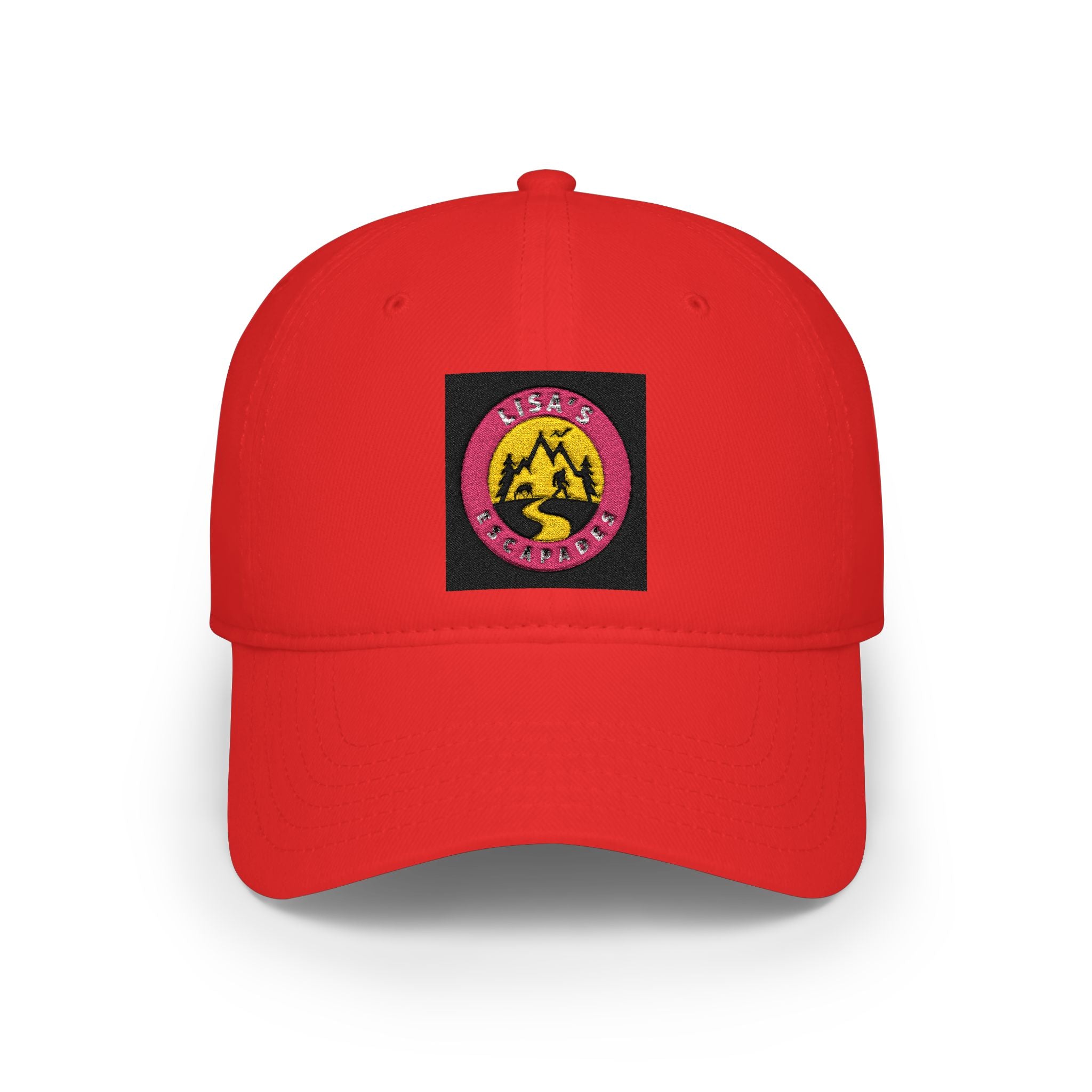 Red Low-Profile Baseball Cap with Pink Circle Mountain Patch