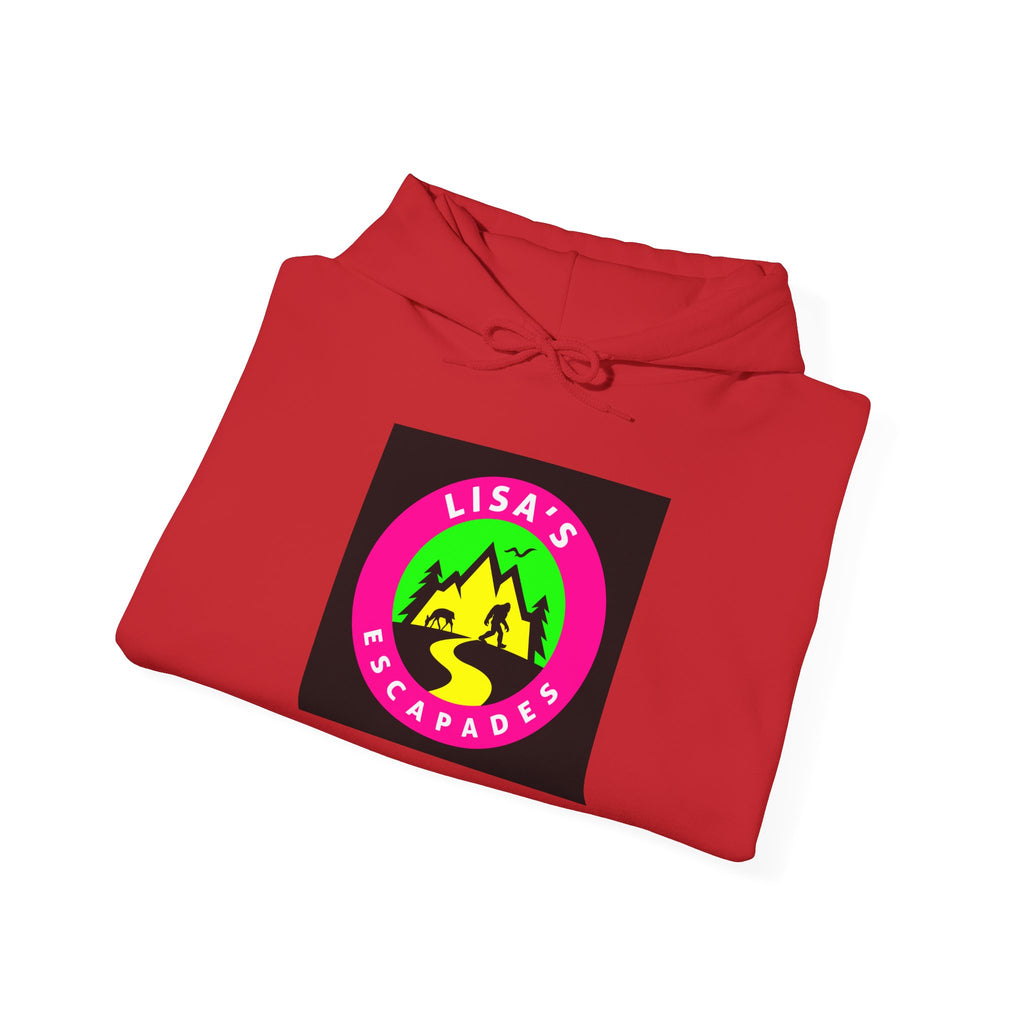Lisa's Escapade Hoodie — Retro Neon Mountain Adventure Pullover