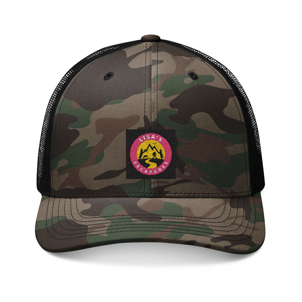 Embroidered Camo Trucker Hat — Tactical Mesh Cap with Floral Logo