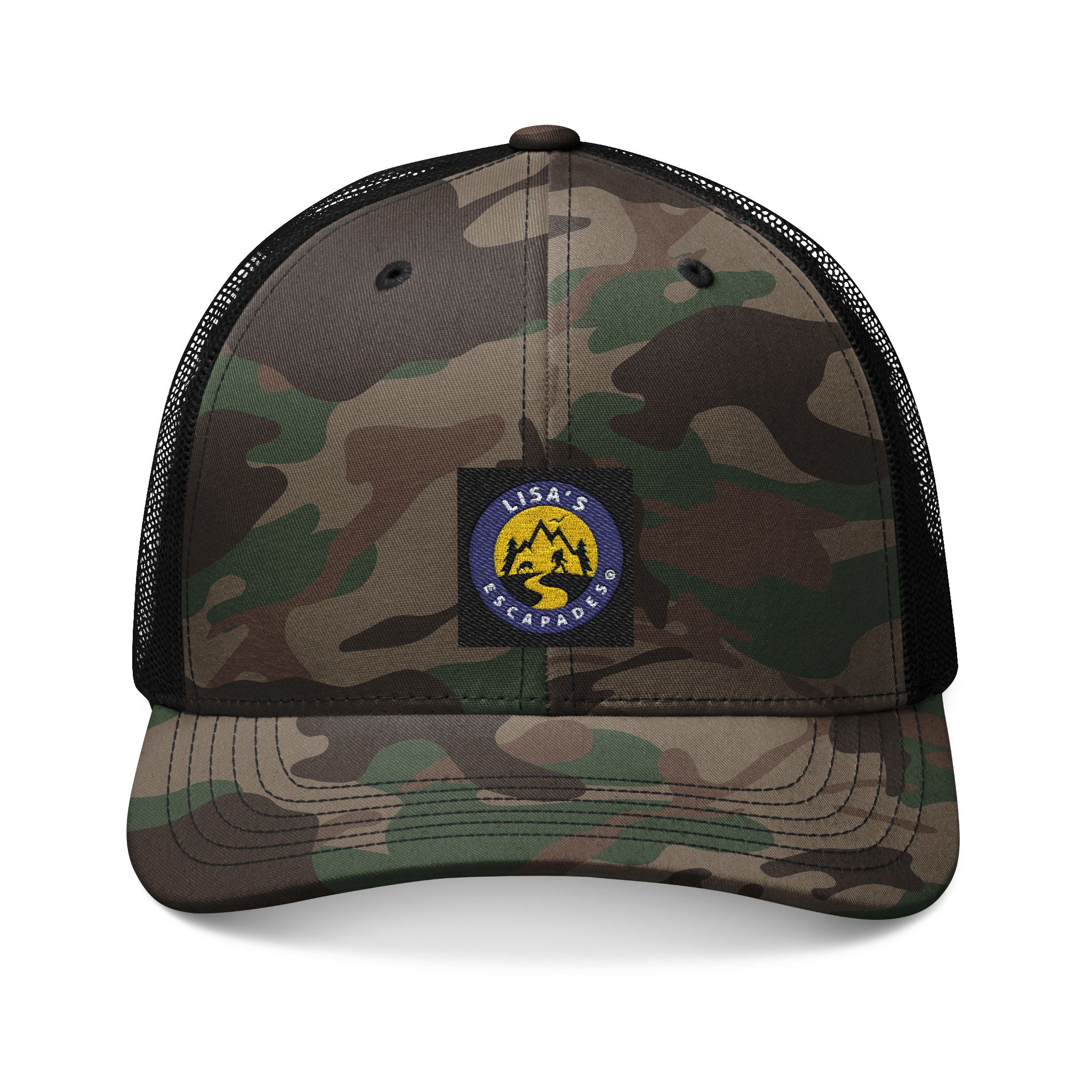 Dark Blue Lisa’s Escapades Logo Camouflage Trucker Hat (Embroidery)