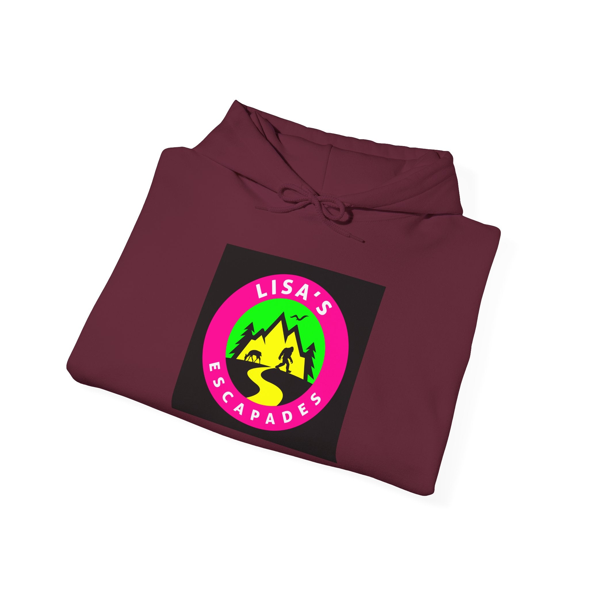 Lisa's Escapade Hoodie — Retro Neon Mountain Adventure Pullover