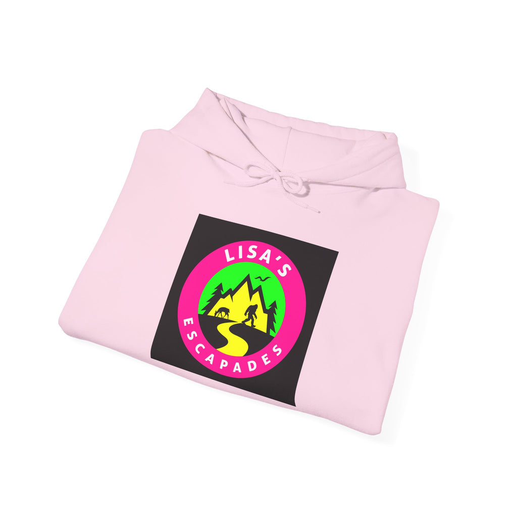 Lisa's Escapade Hoodie — Retro Neon Mountain Adventure Pullover