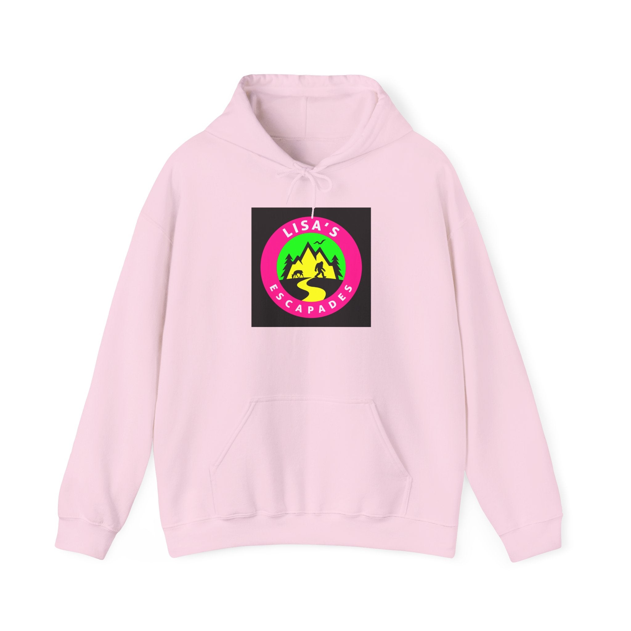 Lisa's Escapade Hoodie — Retro Neon Mountain Adventure Pullover