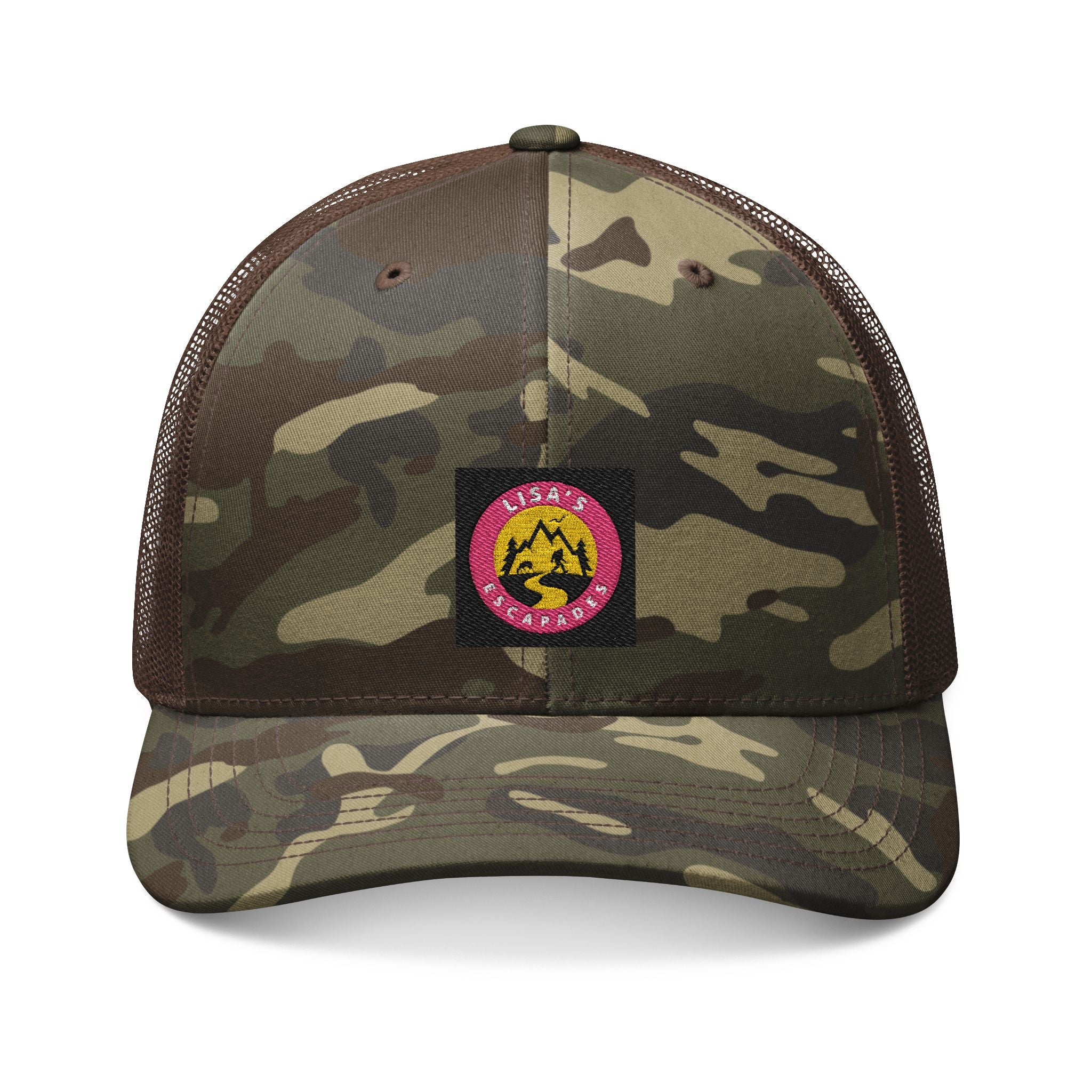 Camo Trucker Hat — Embroidered Pink & Yellow Patch