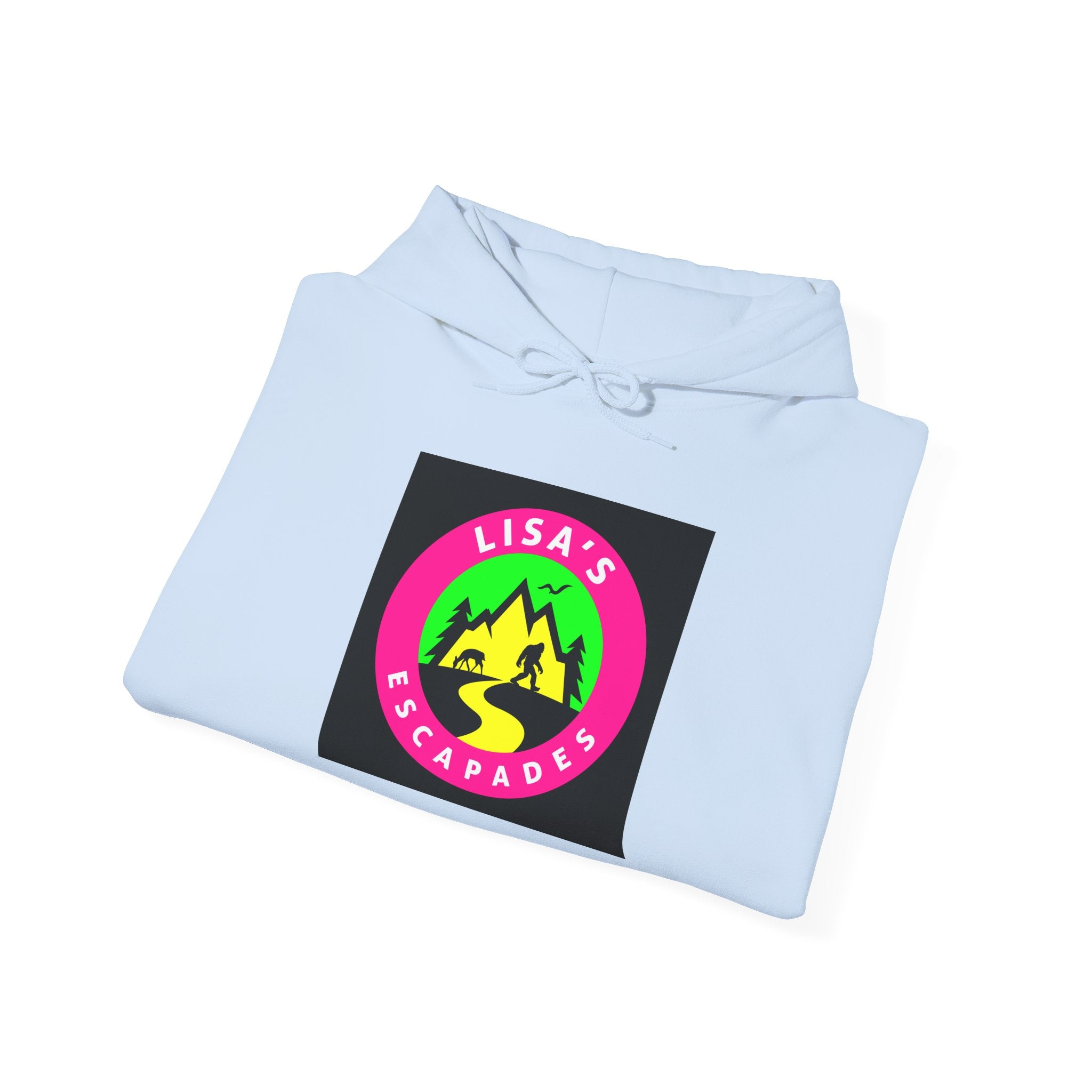 Lisa's Escapade Hoodie — Retro Neon Mountain Adventure Pullover