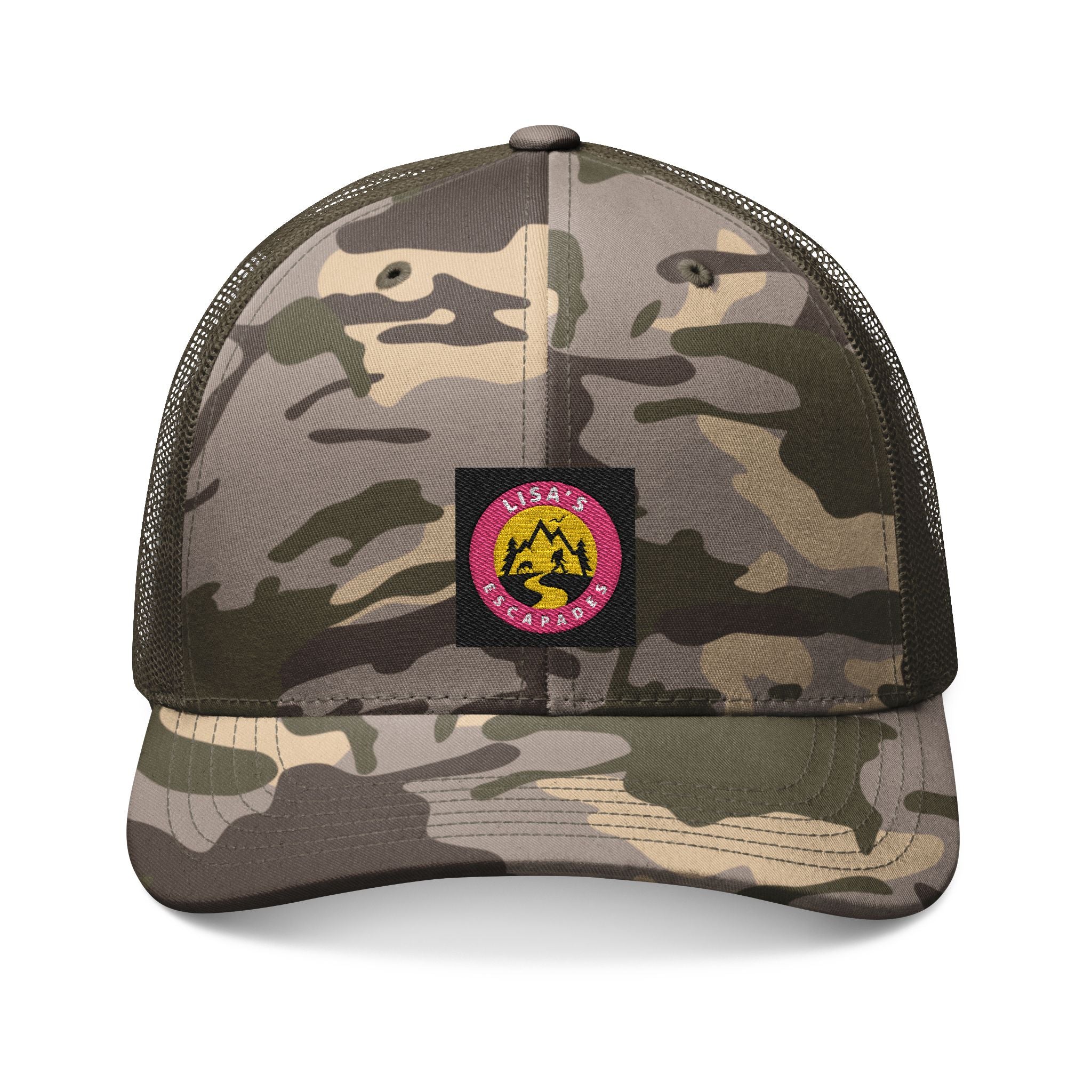 Camo Trucker Hat — Embroidered Pink & Yellow Patch
