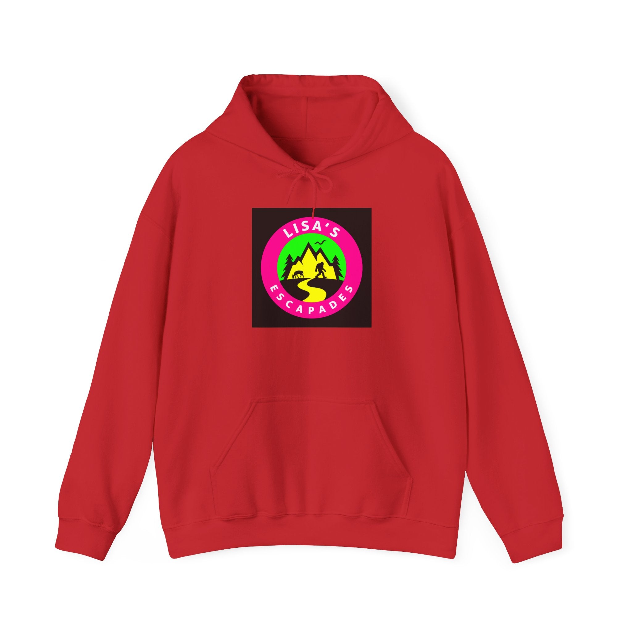 Lisa's Escapade Hoodie — Retro Neon Mountain Adventure Pullover