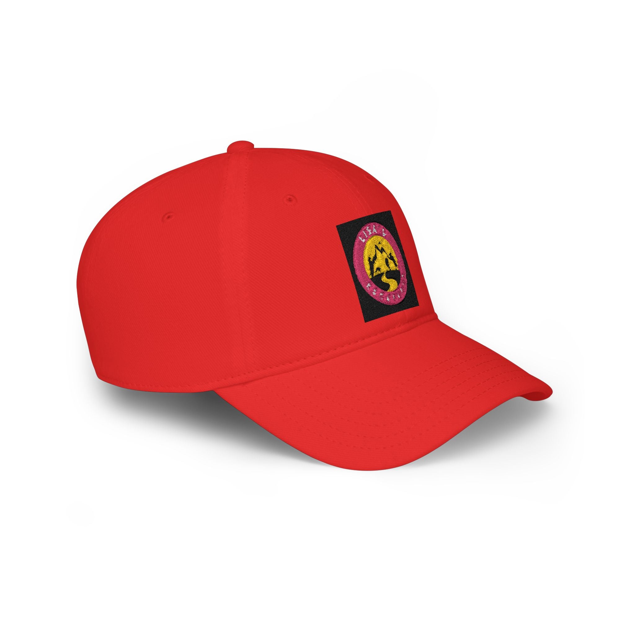 Red Low-Profile Baseball Cap with Pink Circle Mountain Patch