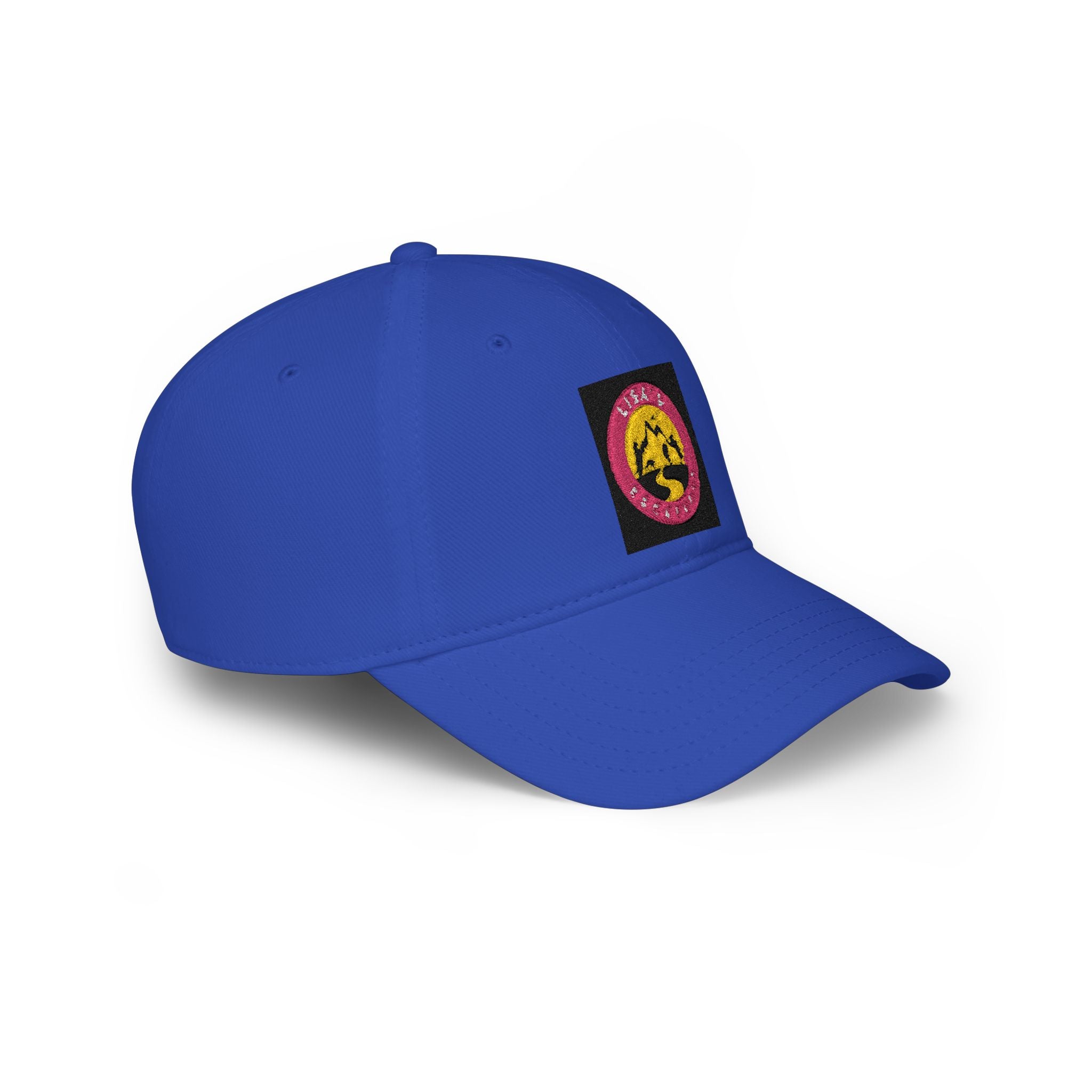 Red Low-Profile Baseball Cap with Pink Circle Mountain Patch