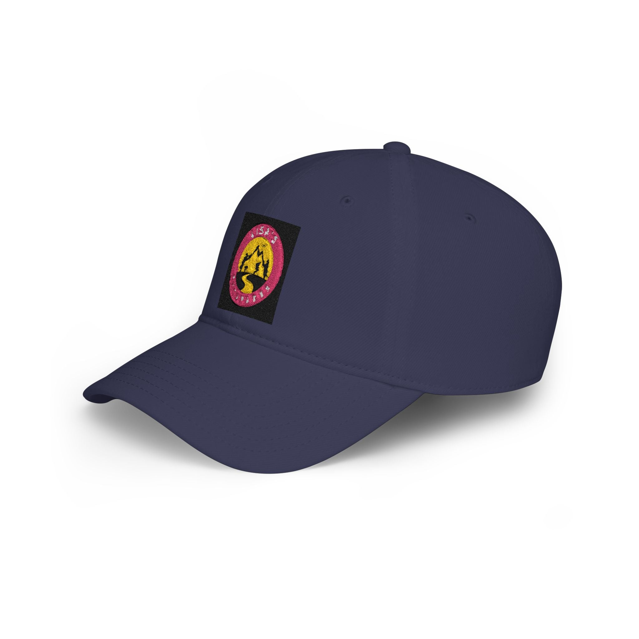 Red Low-Profile Baseball Cap with Pink Circle Mountain Patch