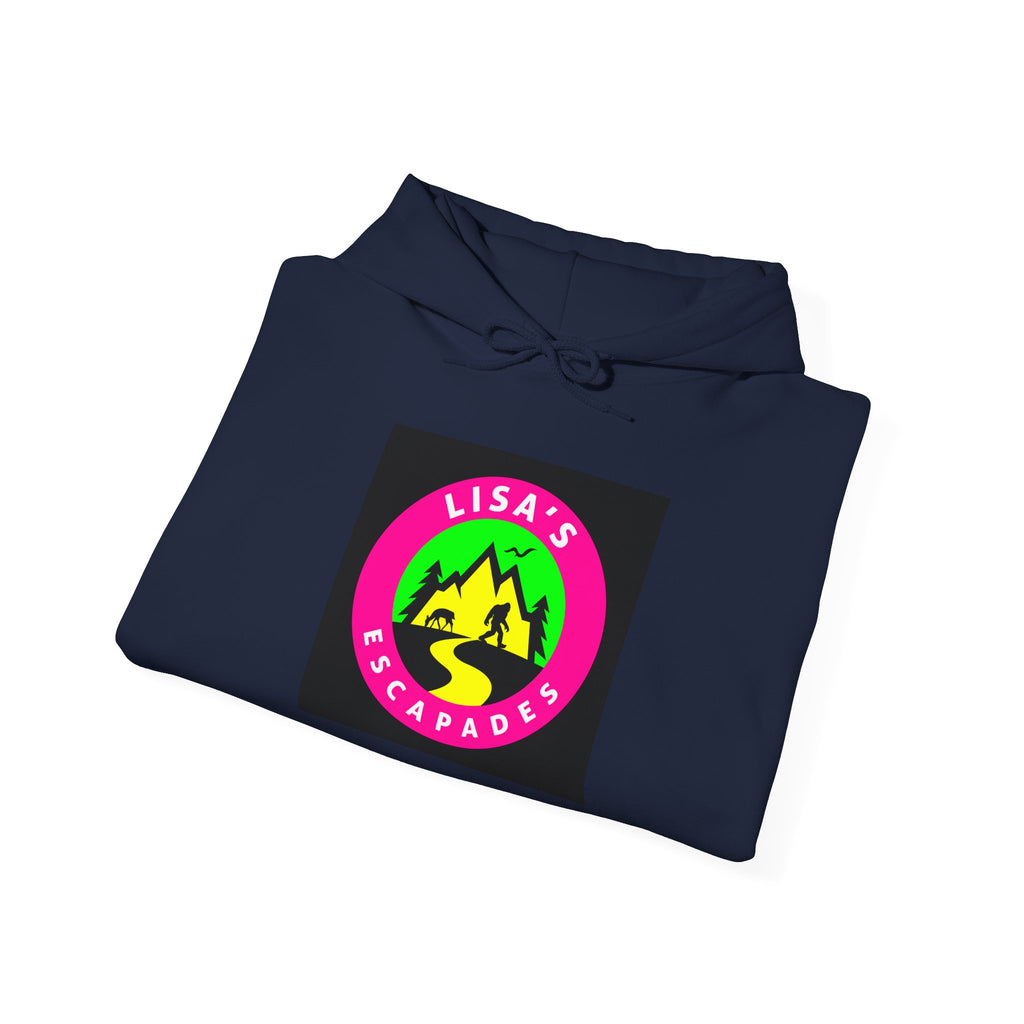 Lisa's Escapade Hoodie — Retro Neon Mountain Adventure Pullover
