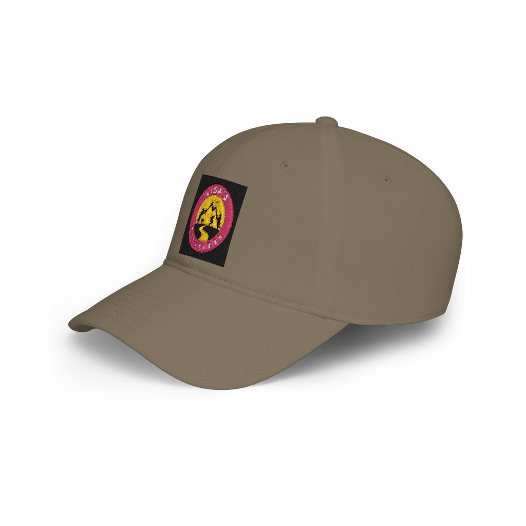 Red Low-Profile Baseball Cap with Pink Circle Mountain Patch
