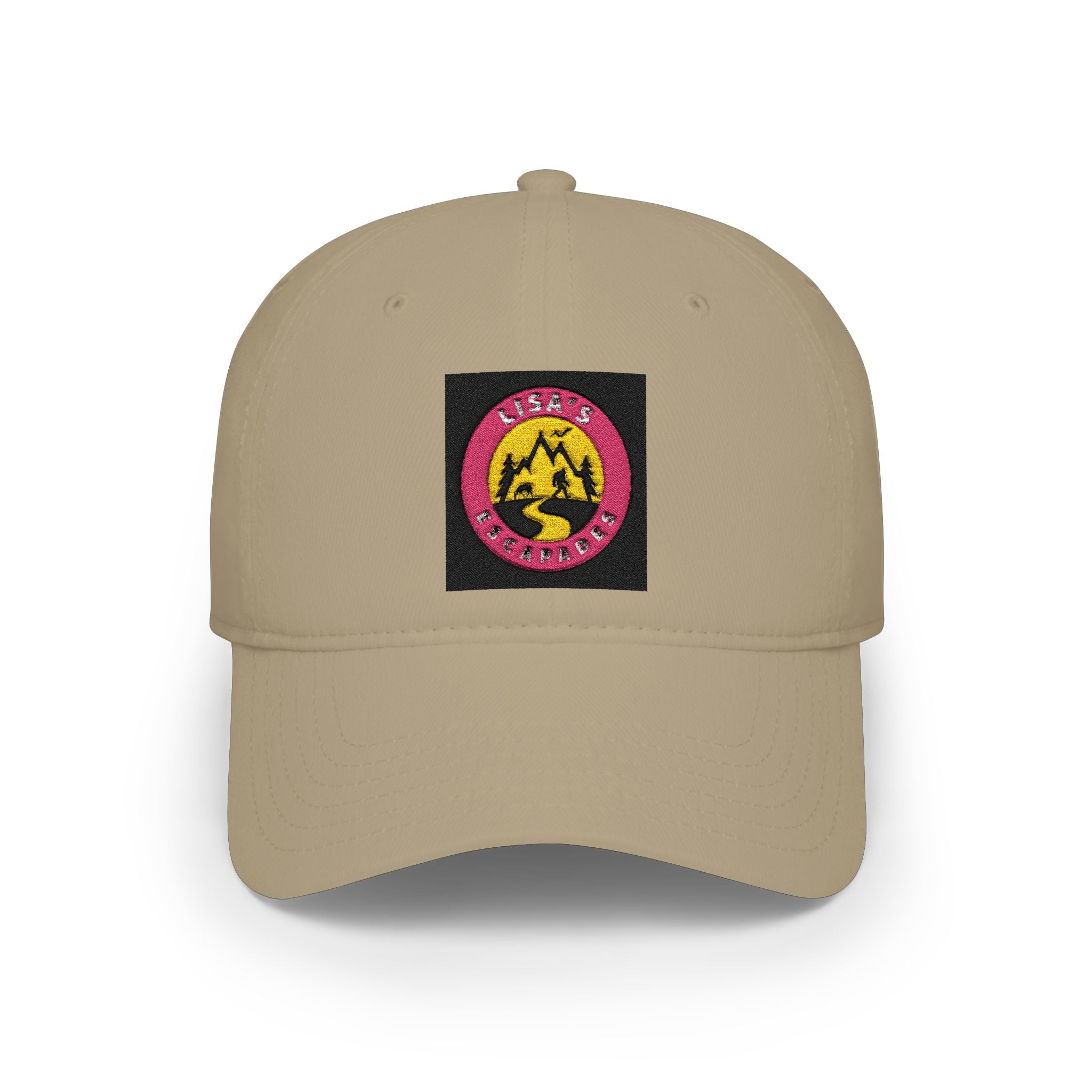 Red Low-Profile Baseball Cap with Pink Circle Mountain Patch