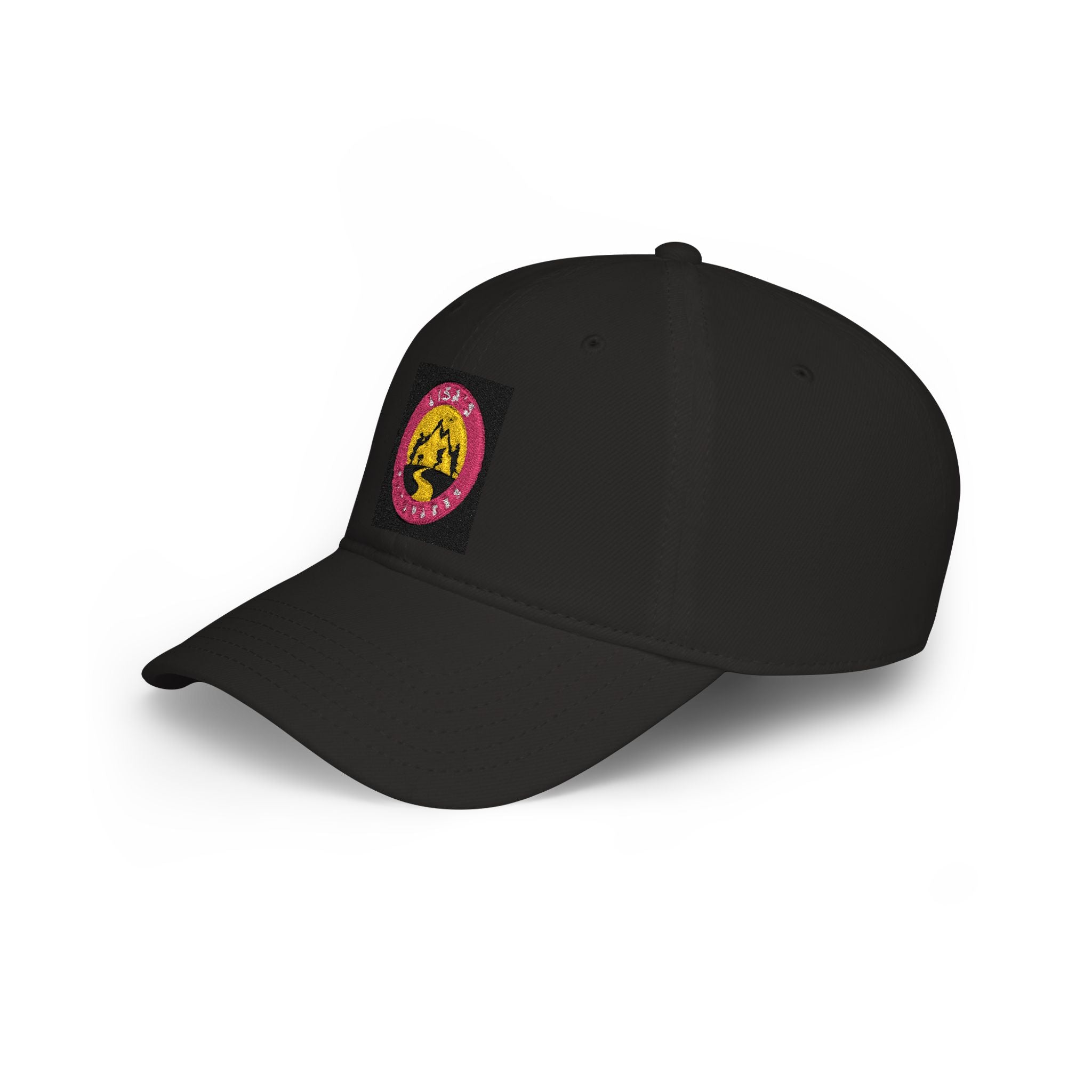 Red Low-Profile Baseball Cap with Pink Circle Mountain Patch