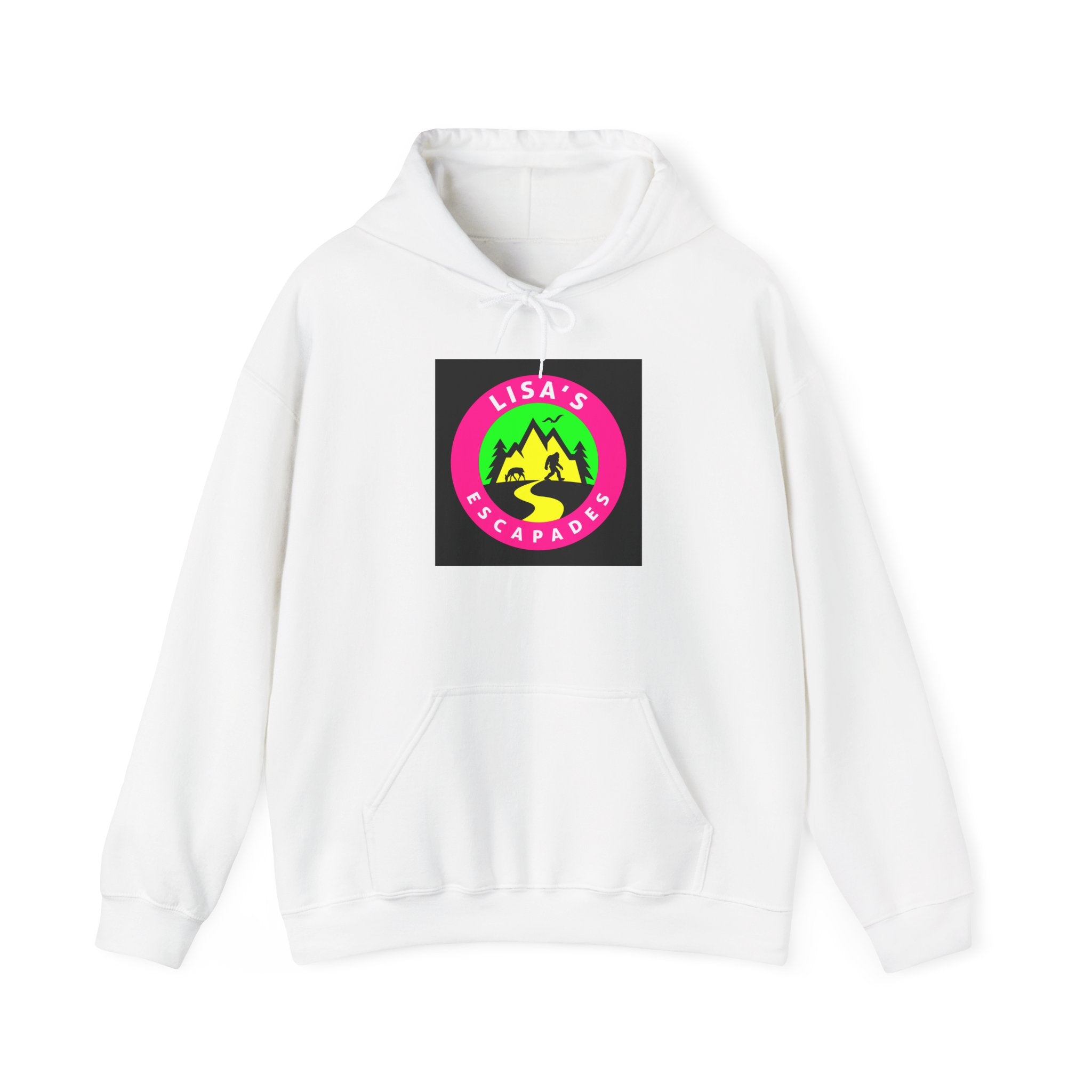 Lisa's Escapade Hoodie — Retro Neon Mountain Adventure Pullover