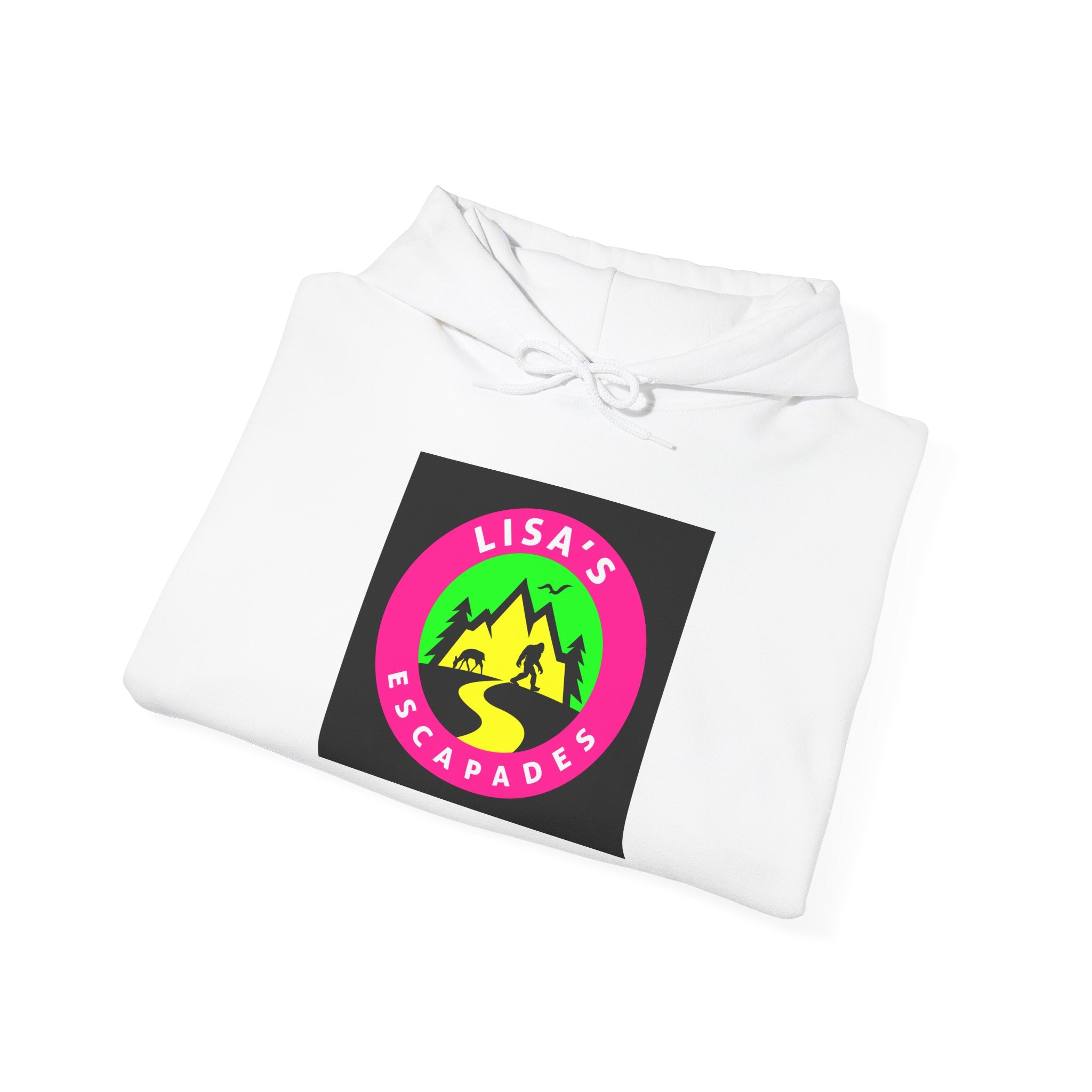 Lisa's Escapade Hoodie — Retro Neon Mountain Adventure Pullover