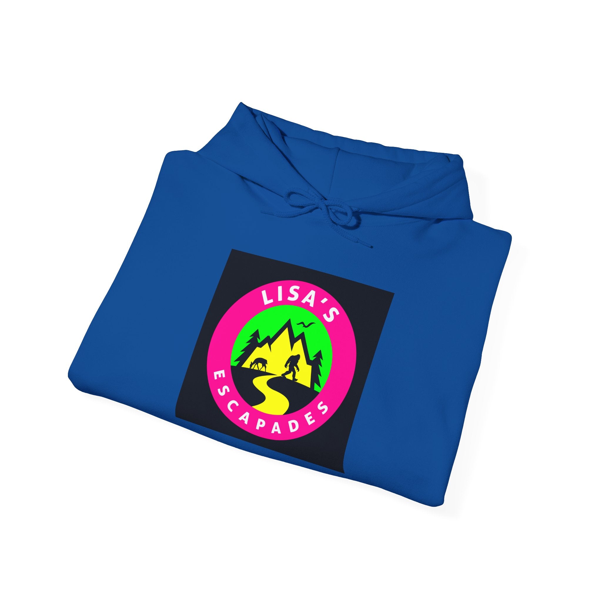Lisa's Escapade Hoodie — Retro Neon Mountain Adventure Pullover