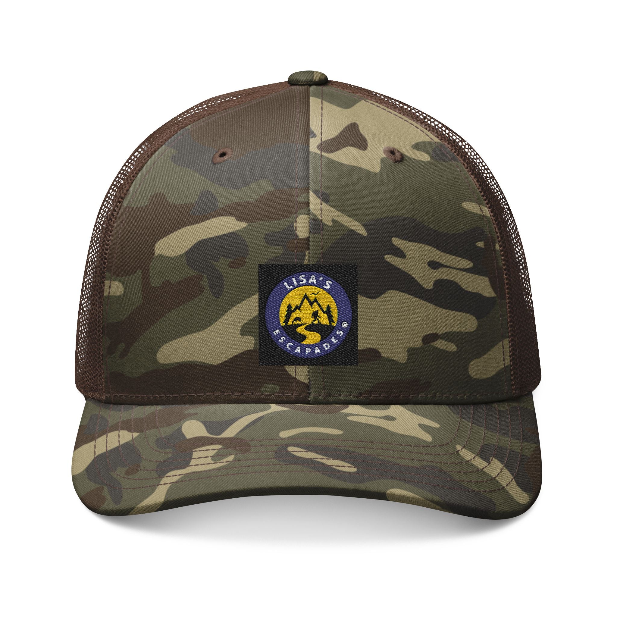 Dark Blue Lisa’s Escapades Logo Camouflage Trucker Hat (Embroidery)