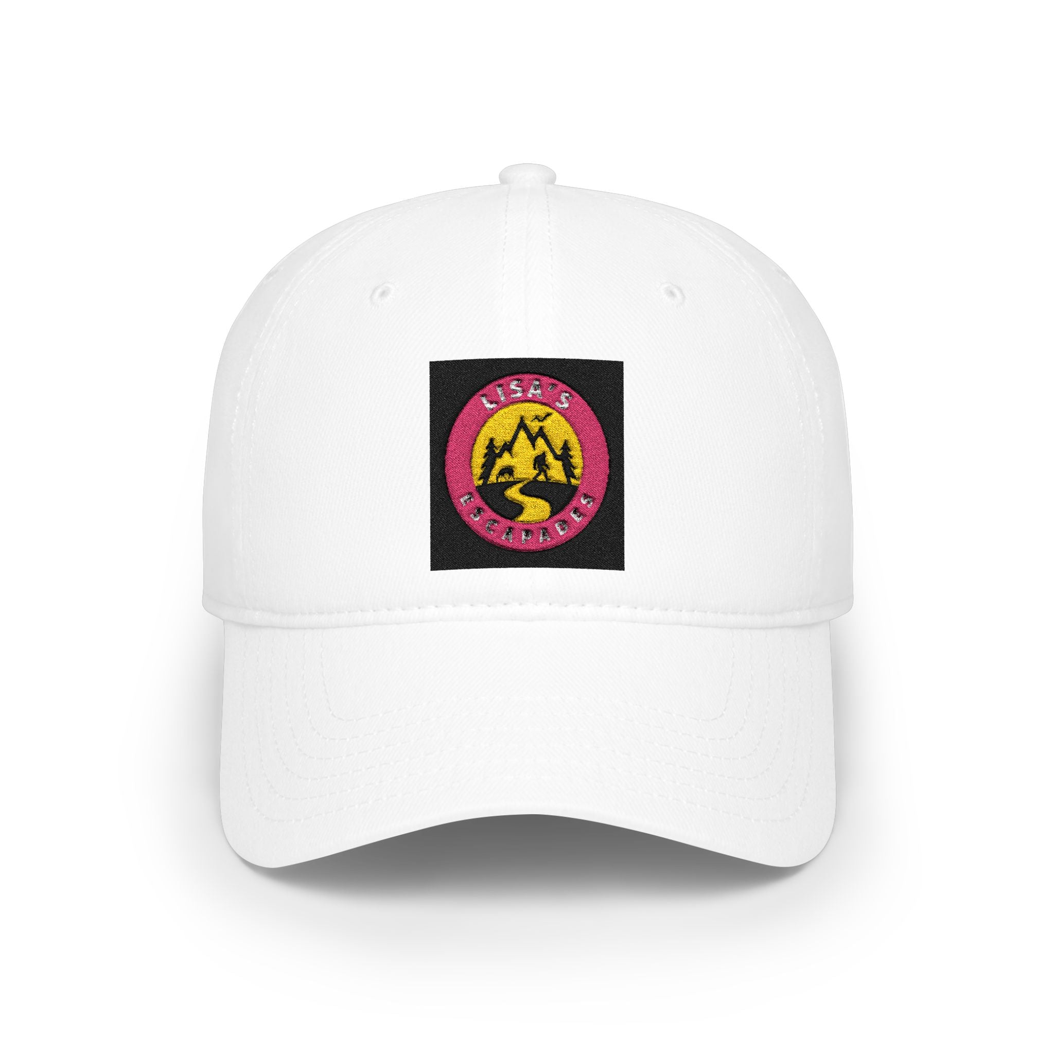 Red Low-Profile Baseball Cap with Pink Circle Mountain Patch