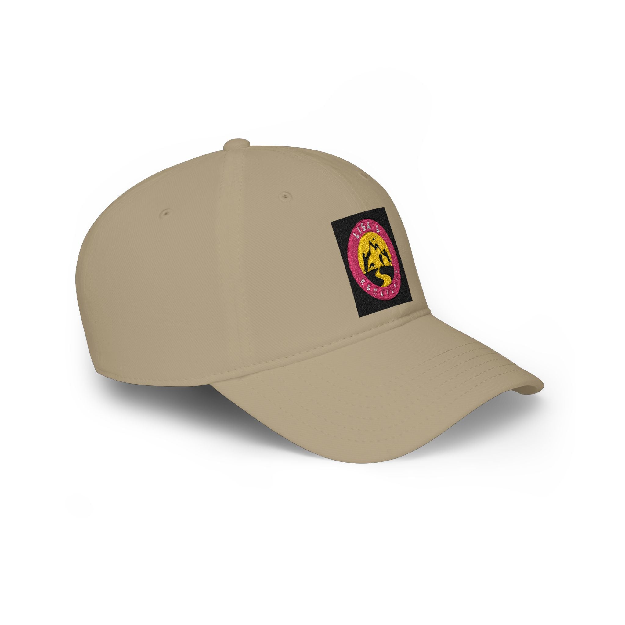 Red Low-Profile Baseball Cap with Pink Circle Mountain Patch