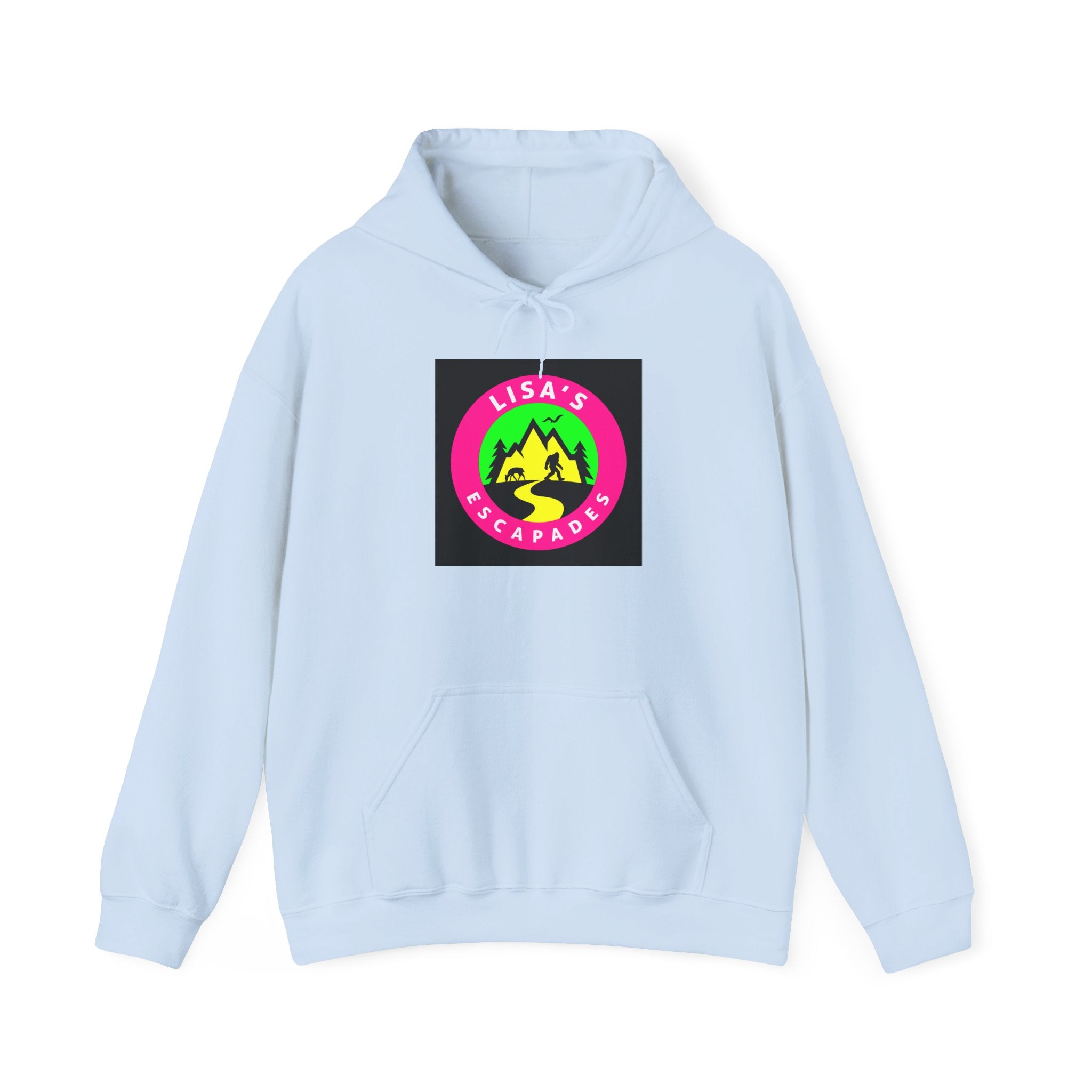 Lisa's Escapade Hoodie — Retro Neon Mountain Adventure Pullover