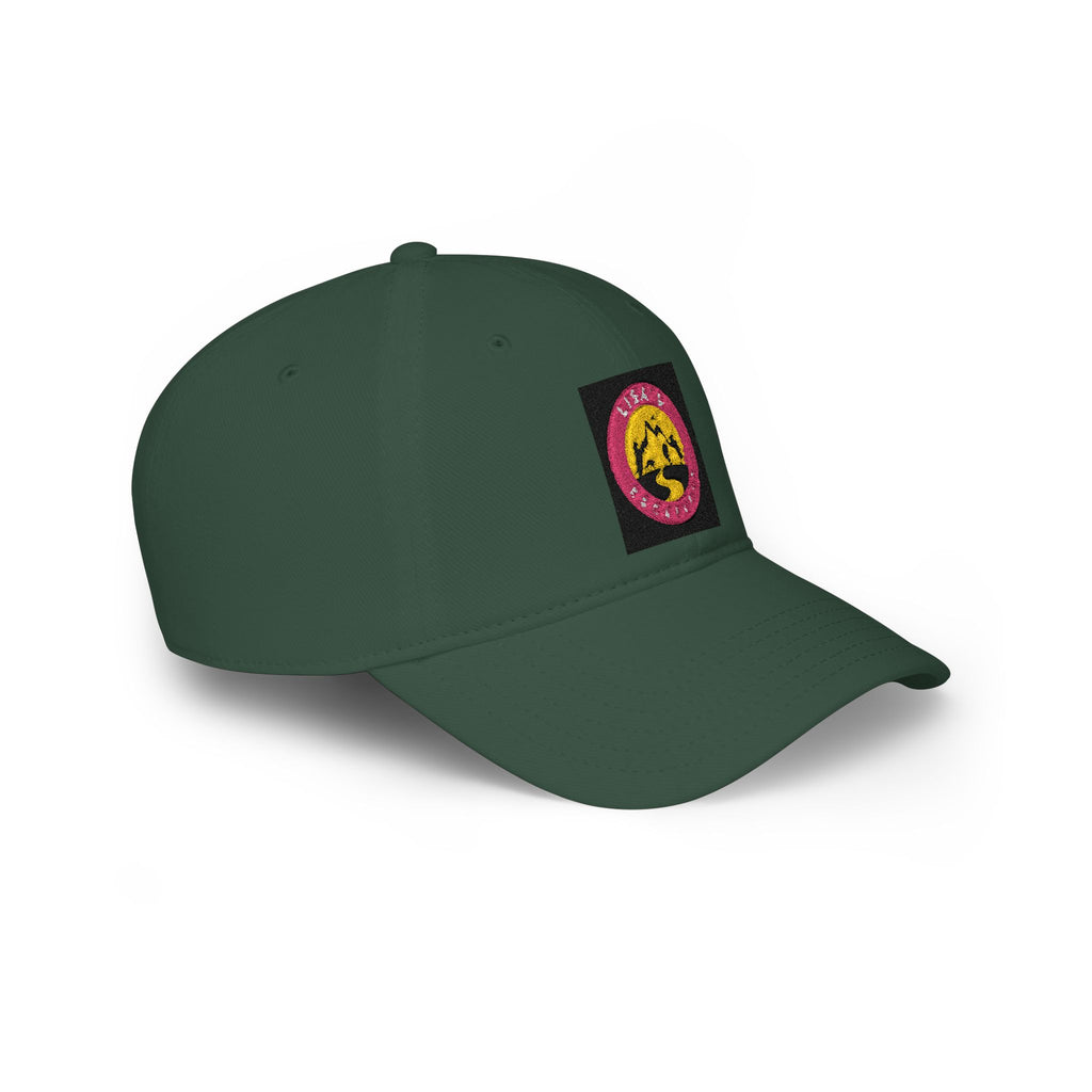 Red Low-Profile Baseball Cap with Pink Circle Mountain Patch