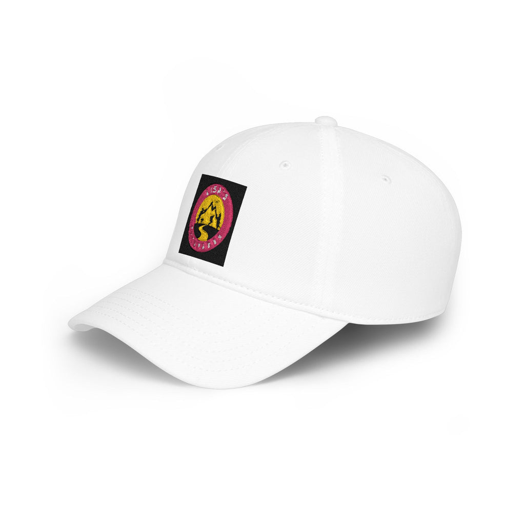 Red Low-Profile Baseball Cap with Pink Circle Mountain Patch