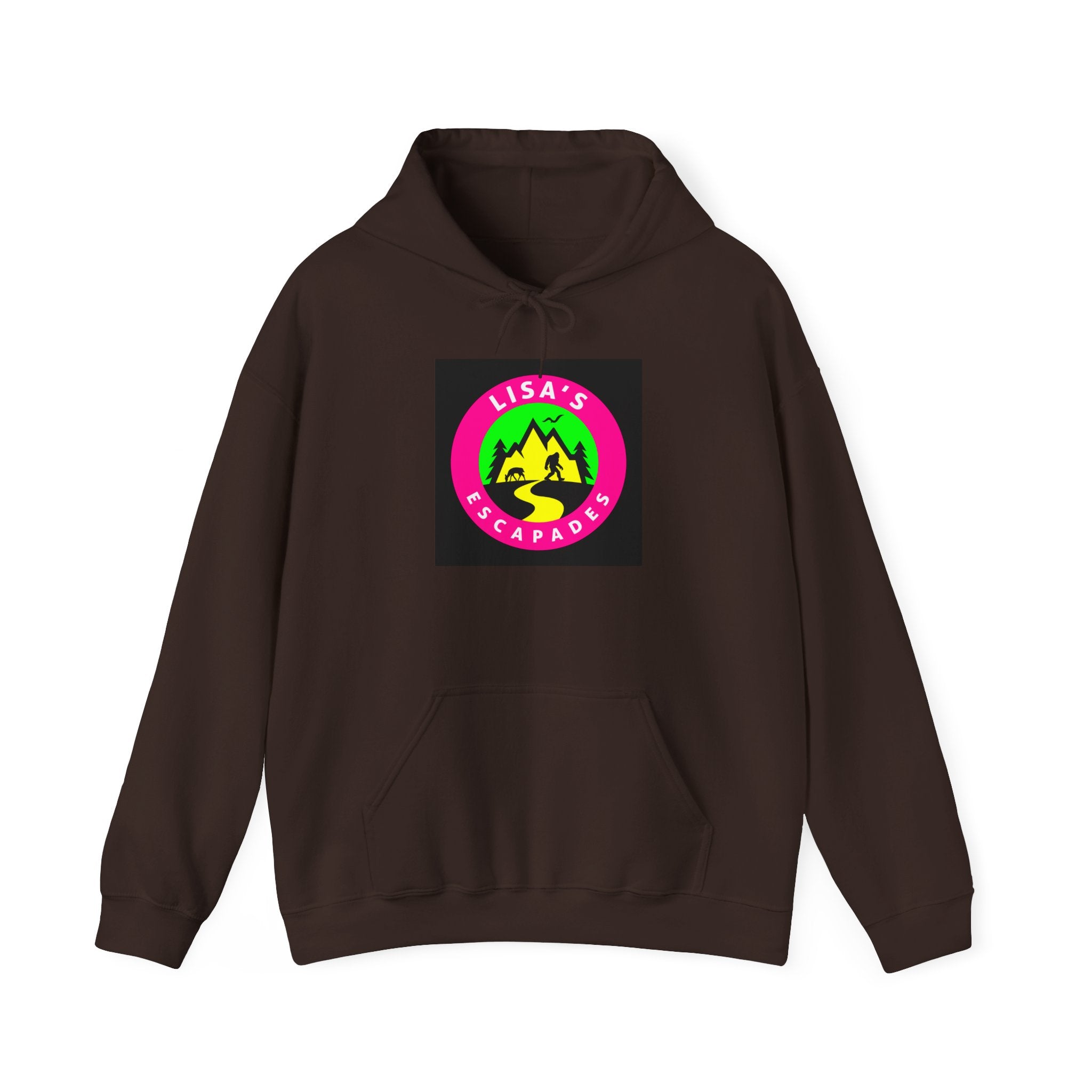 Lisa's Escapade Hoodie — Retro Neon Mountain Adventure Pullover