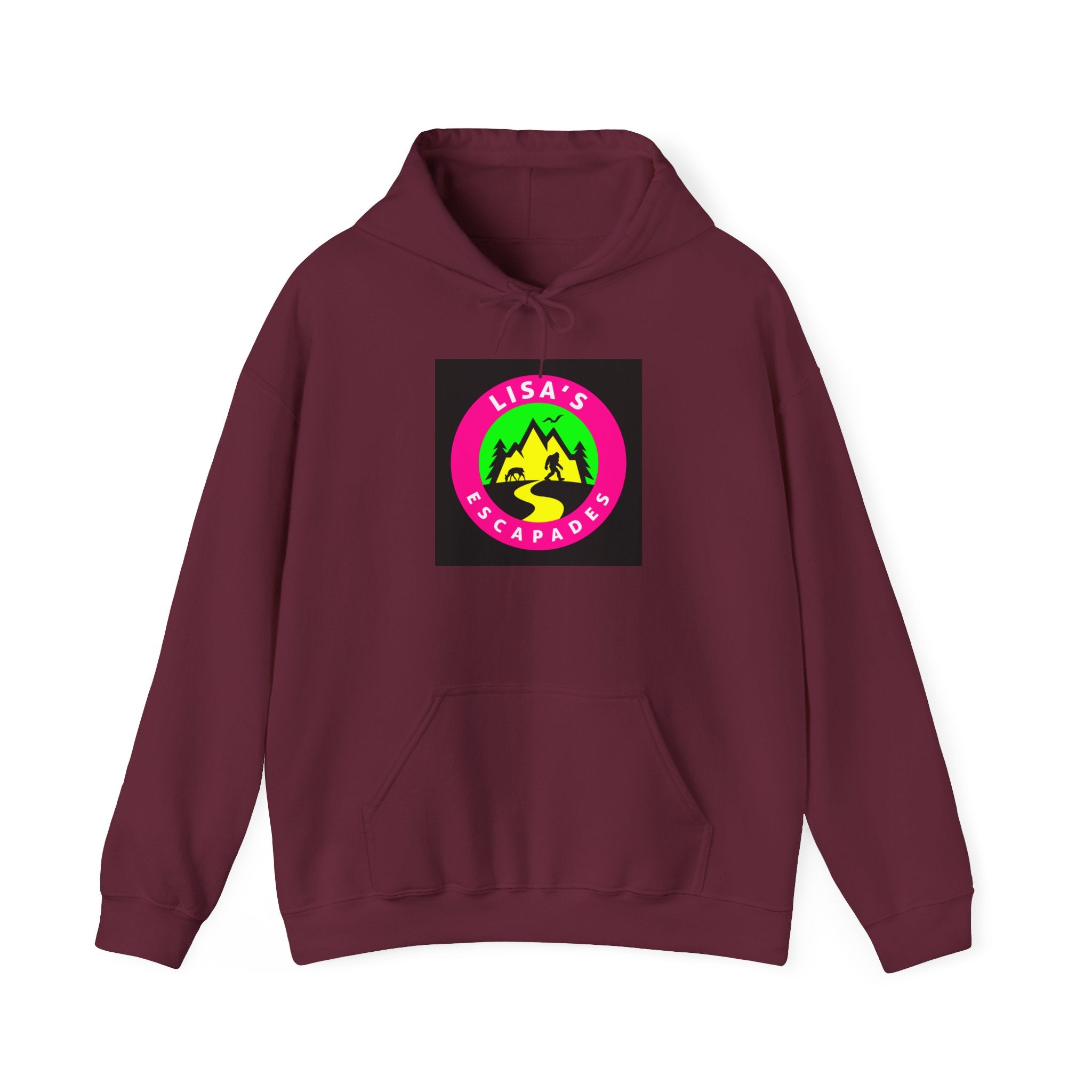 Lisa's Escapade Hoodie — Retro Neon Mountain Adventure Pullover